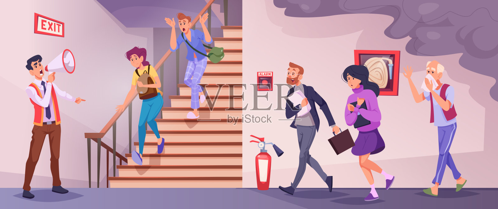 逃生火灾。疏散人员警报,宣布确切的撤离方向,背景是从受损建筑中奔跑的人们。插画图片素材