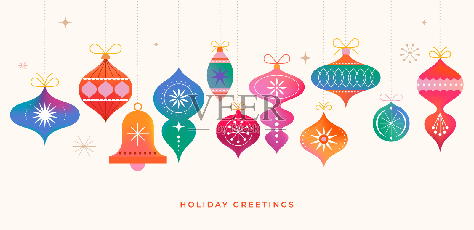 五彩缤纷的圣诞装饰品集合,包括球、星星和饰品。符号和元素在白色背景上独立展示。插画图片素材