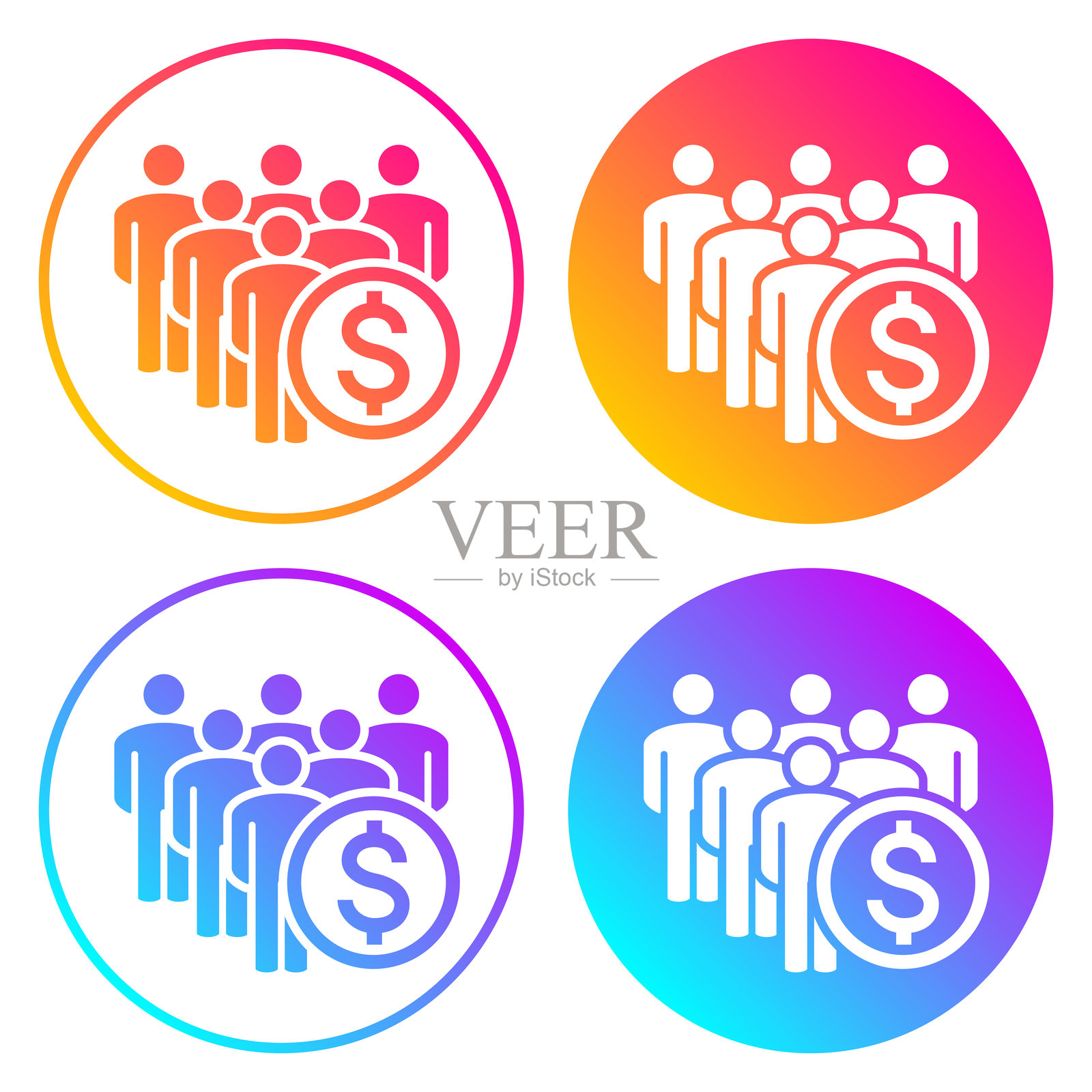 带有美元符号的人群。带有颜色渐变的圆形图标插画图片素材