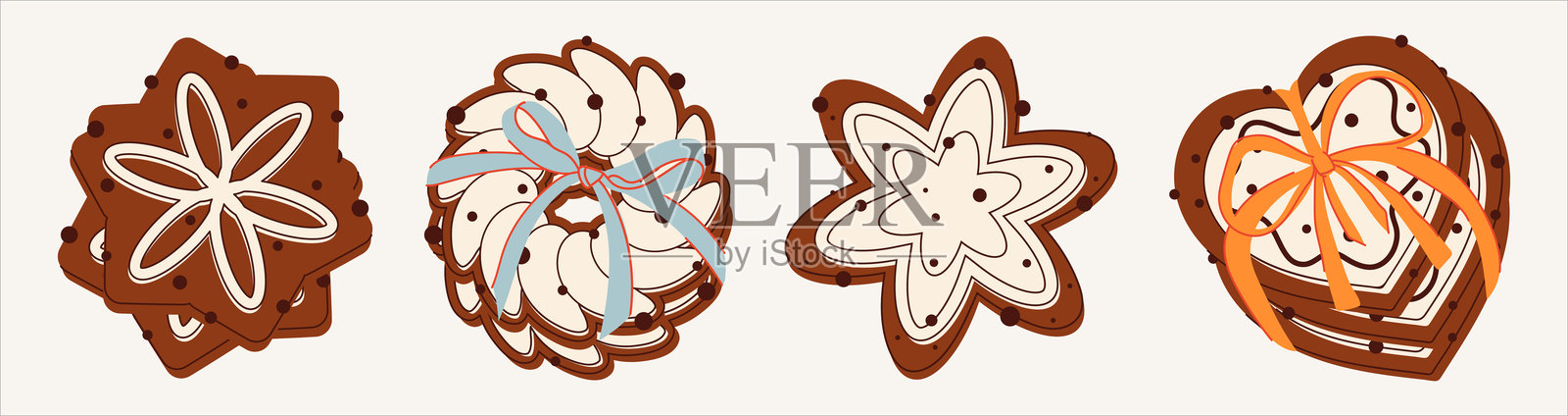 各种形状的姜饼配巧克力。装饰和糖霜的巧克力饼干。用丝带和蝴蝶结绑起来的饼干。各种装饰形状。圣诞烘焙。甜蜜的美味。插画图片素材