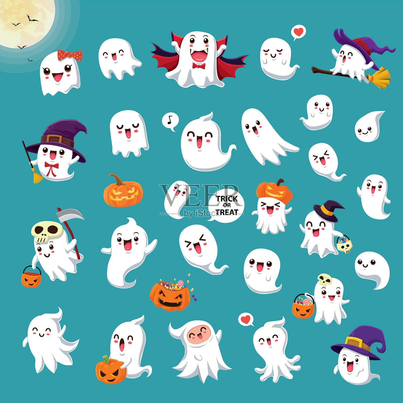 复古万圣节海报设计,包含矢量女巫、死神、吸血鬼、南瓜灯和鬼魂角色。插画图片素材