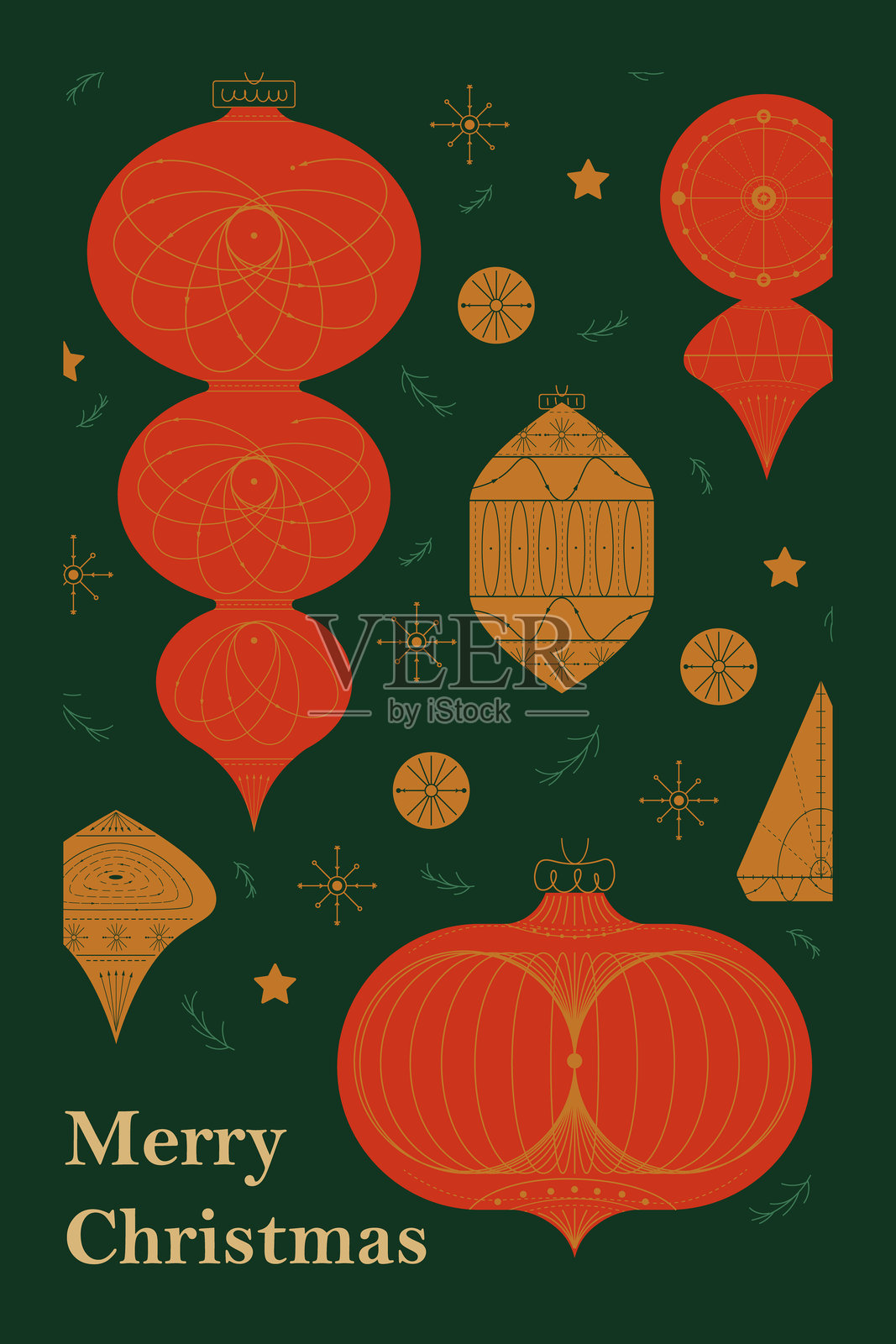 极简设计的几何形状圣诞装饰品,红色和金色,周围环绕着节日元素的矢量插图。插画图片素材