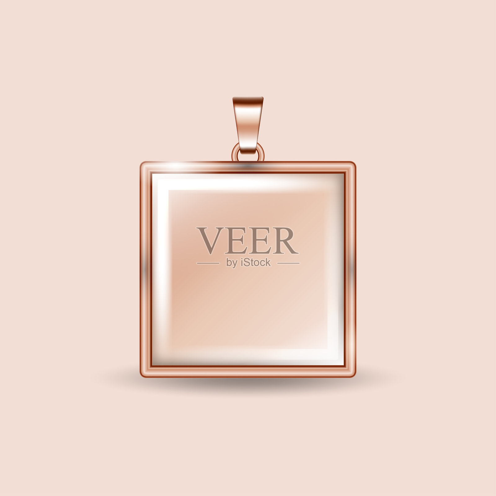 玫瑰金方形锁骨链吊坠,带透明玻璃圆顶的模型。粉金方形项链树脂吊坠。玫瑰金玻璃方形装饰品。逼真的插图。插画图片素材
