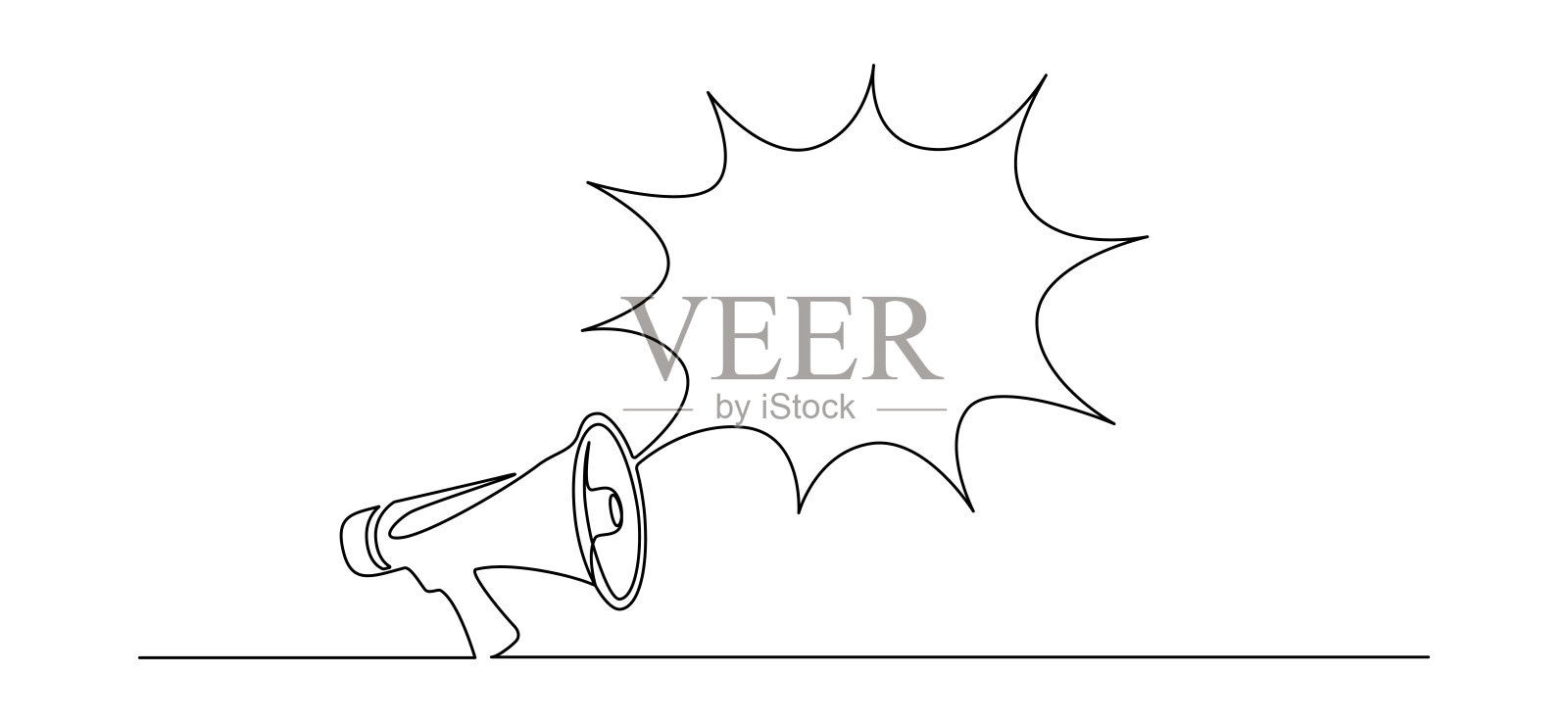 一个连续线条绘制的扬声器喇叭与对话气泡。简单线条风格的扩音器,象征着市场推广。招聘和工作机会的概念。矢量插图。插画图片素材