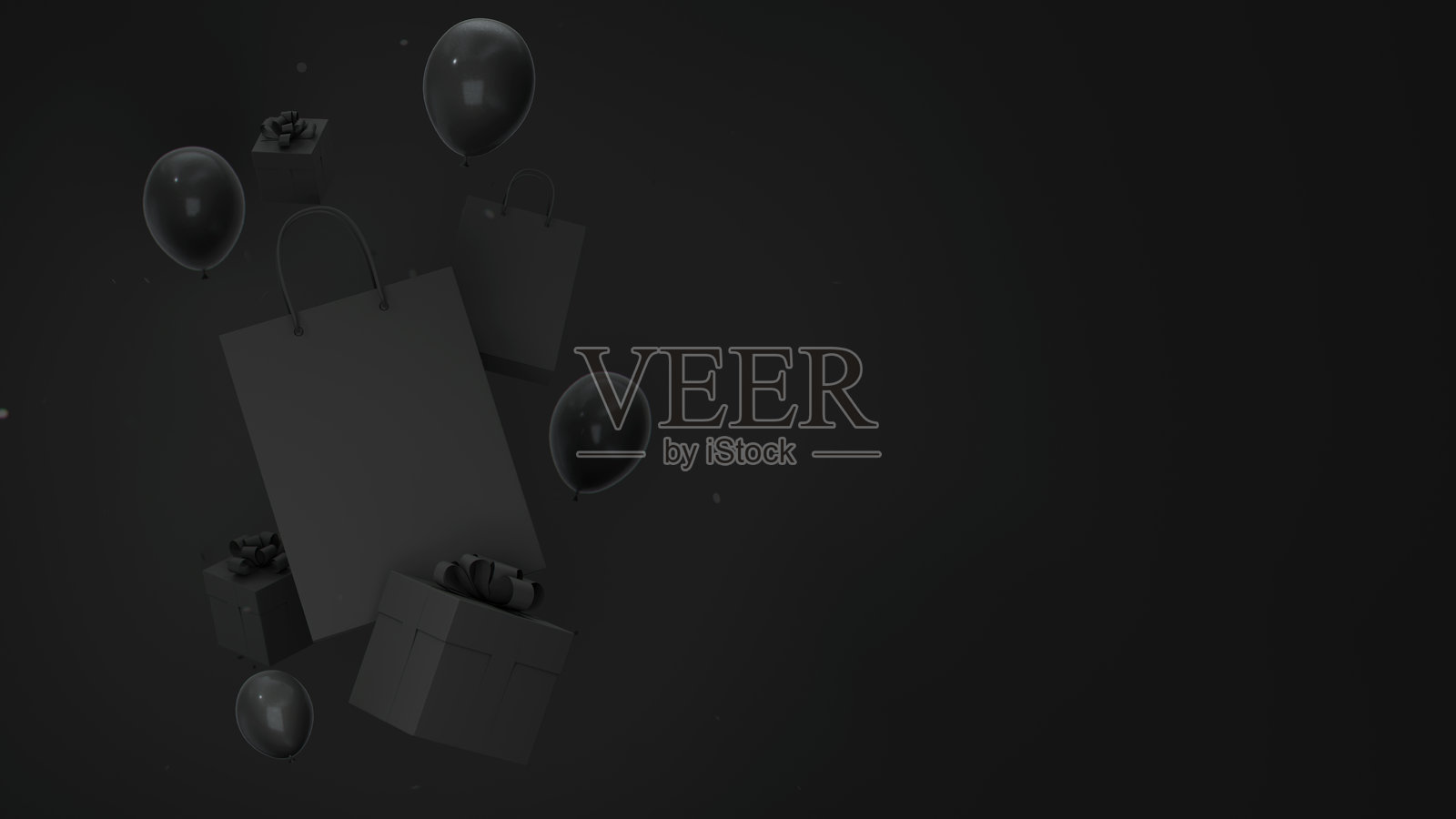 黑色星期五促销3D插图,黑色购物袋、礼品盒、气球和漂浮的五彩纸屑在黑色背景上。购物优惠商业概念,留有文字空间。照片摄影图片