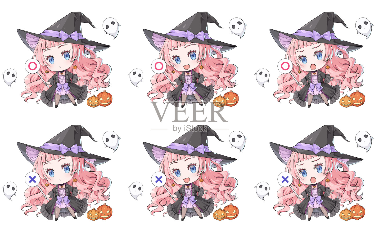 一个女孩手持写有“OK”或“NG”符号的标牌。插画图片素材