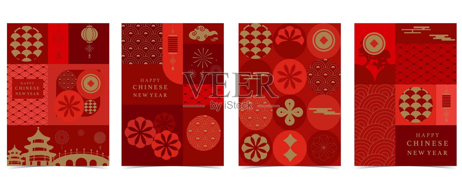 红色背景上的春节快乐,配有花朵和灯笼。可编辑的垂直A4设计矢量插图。插画图片素材