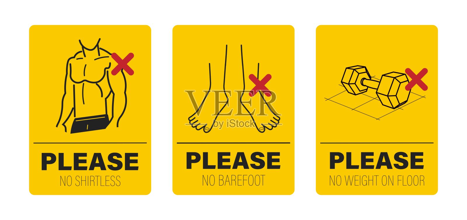 健身房禁用标签:禁止赤脚、裸露上身,禁止摔杠铃哑铃插画图片素材