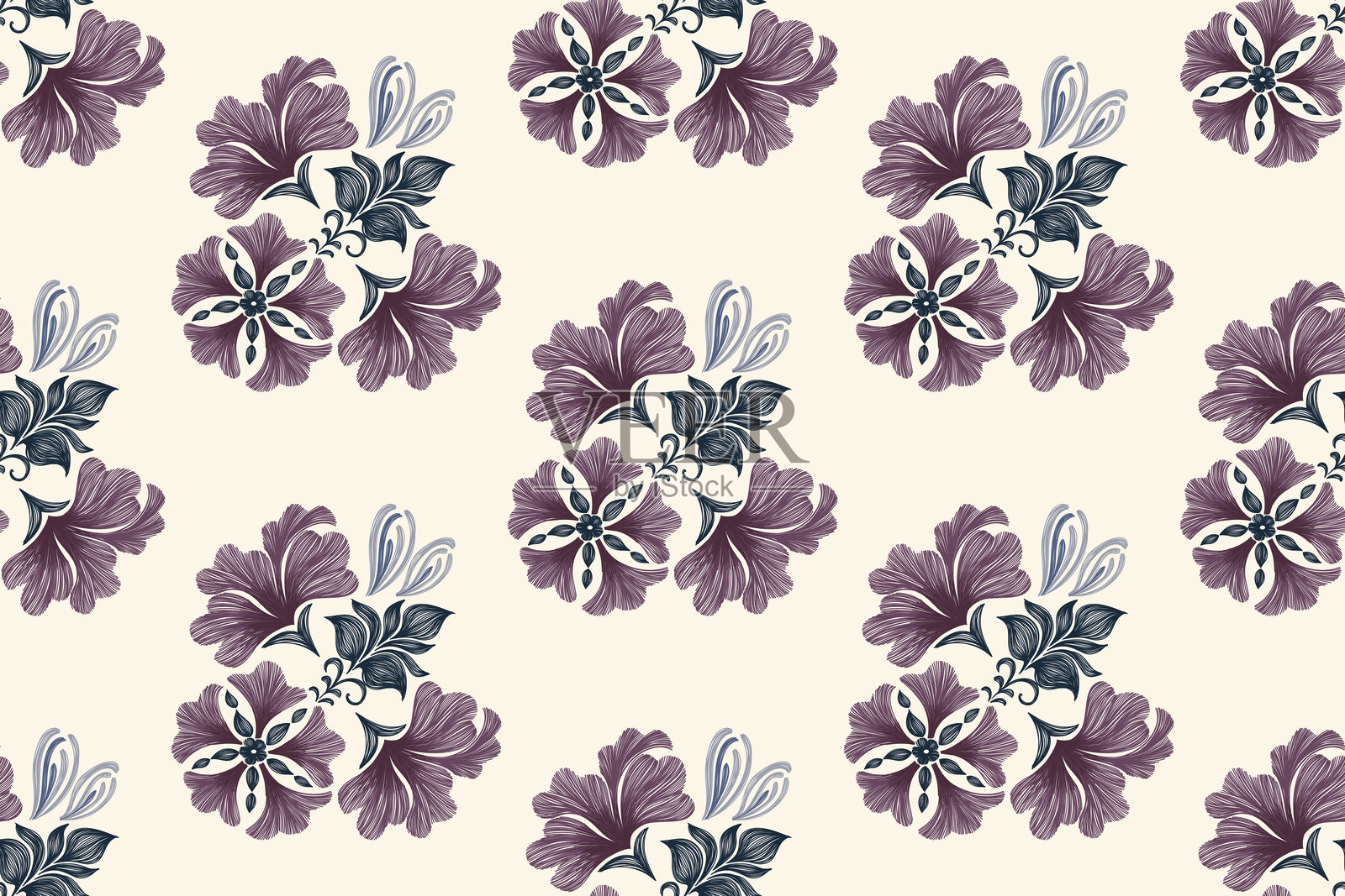 复古花卉图案无缝伊卡特刺绣纹理民族蜡染复古。花卉图案和佩斯利蜡染。印度花卉图案轮廓矢量插图。插画图片素材