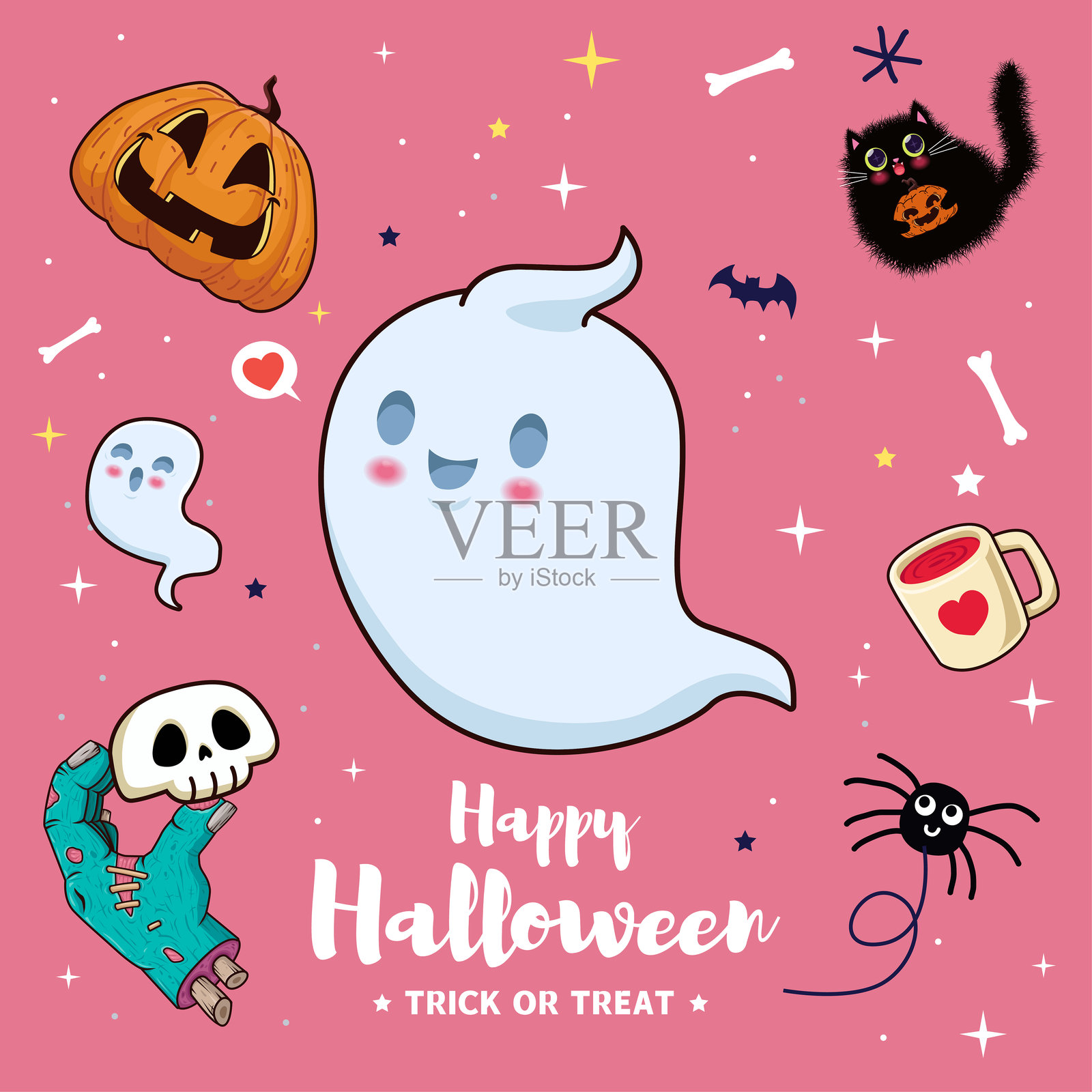 复古万圣节海报设计,包含矢量幽灵、猫和南瓜灯角色。插画图片素材