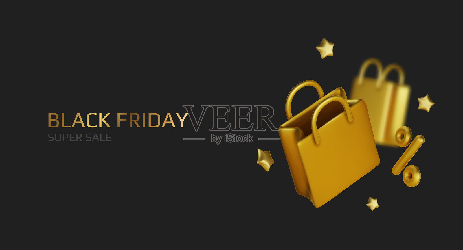 3D购物袋横幅模板。带有礼品袋和星星的矢量渲染模型。促销概念插画图片素材