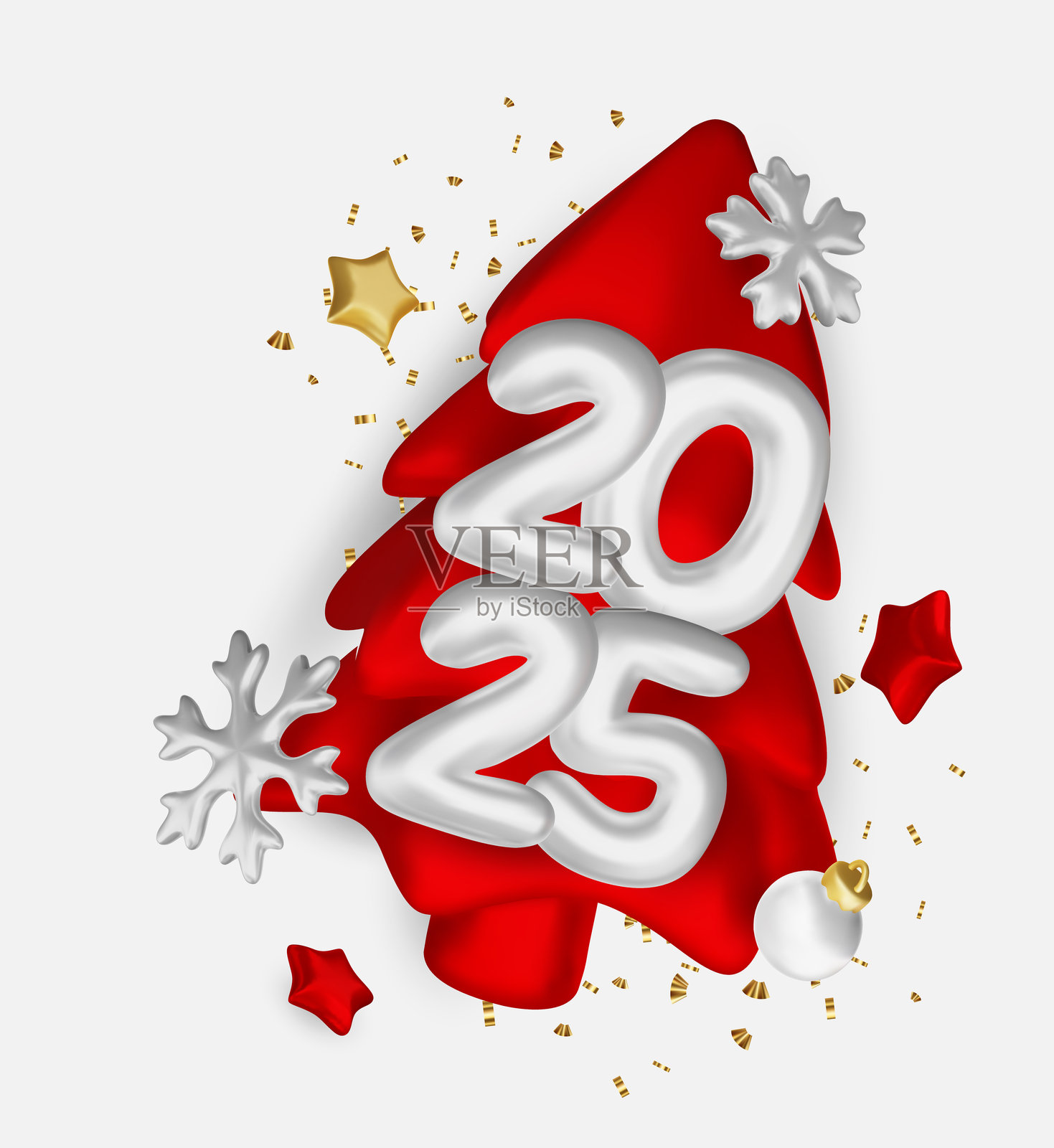2025年红色数字与节日五彩纸屑在浅色背景上。矢量节日插图。祝您2025新年快乐。新年装饰。插画图片素材