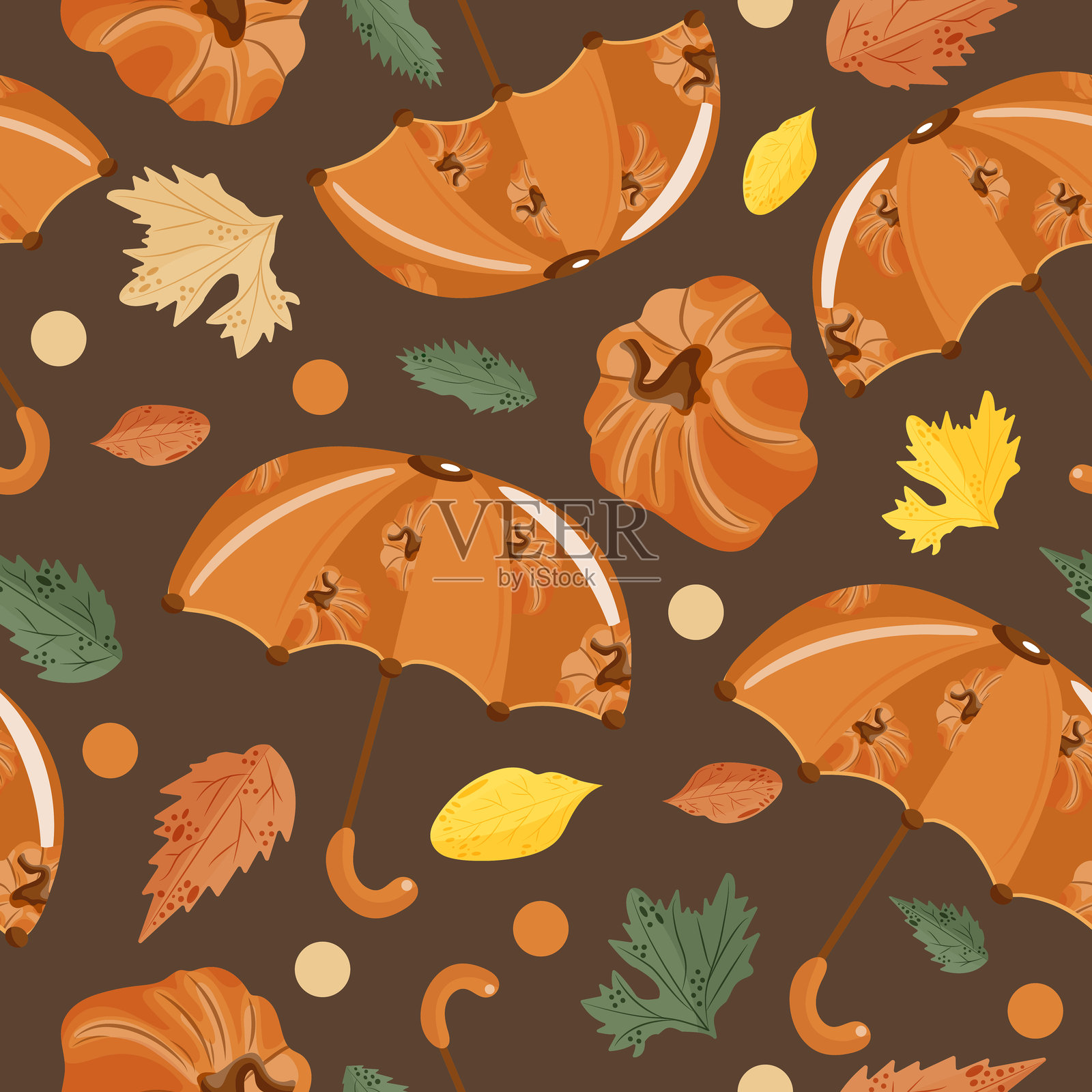 橙色南瓜棕色图案的雨伞插画图片素材