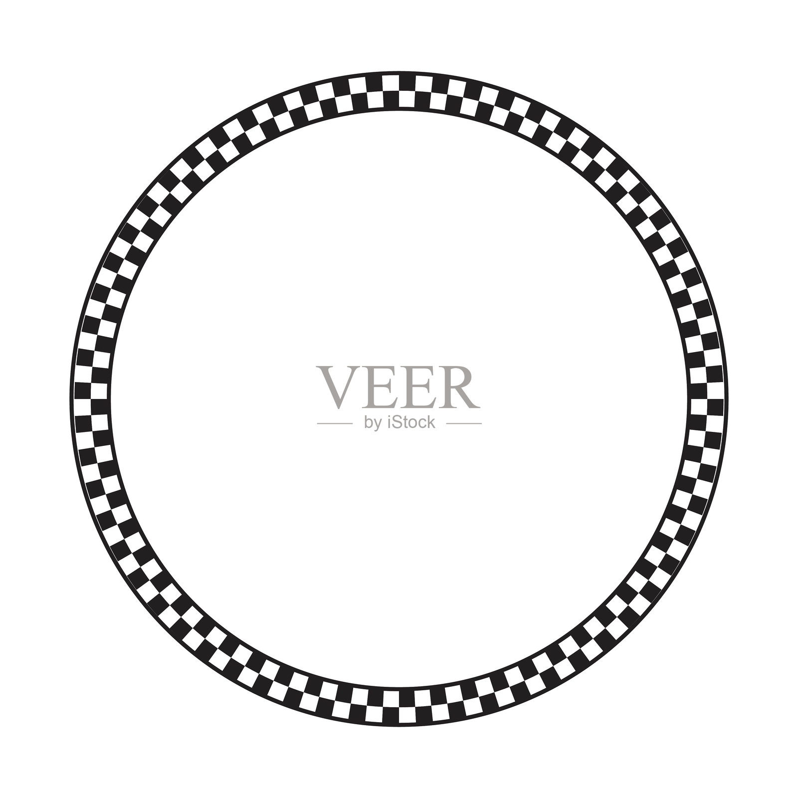 黑白格子印花的圆形框架。带有棋盘、赛车旗或国际象棋棋盘图案的圆形渐变。几何框架。矢量图形插图。插画图片素材