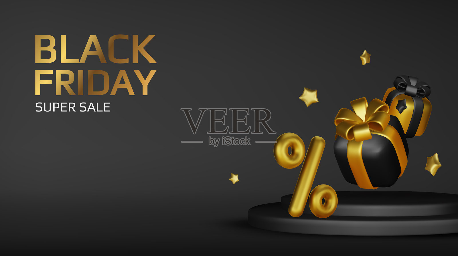 黑色星期五促销。逼真的3D设计舞台讲台,圆形工作室,金色霓虹灯,黑色礼品盒,黑色蝴蝶结,购物袋。创意营销概念。矢量插图插画图片素材