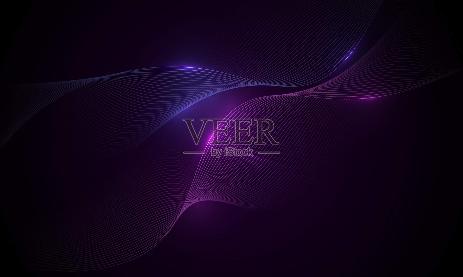 黑暗的抽象科技背景,带有发光的蓝色和粉色波浪线。插画图片素材