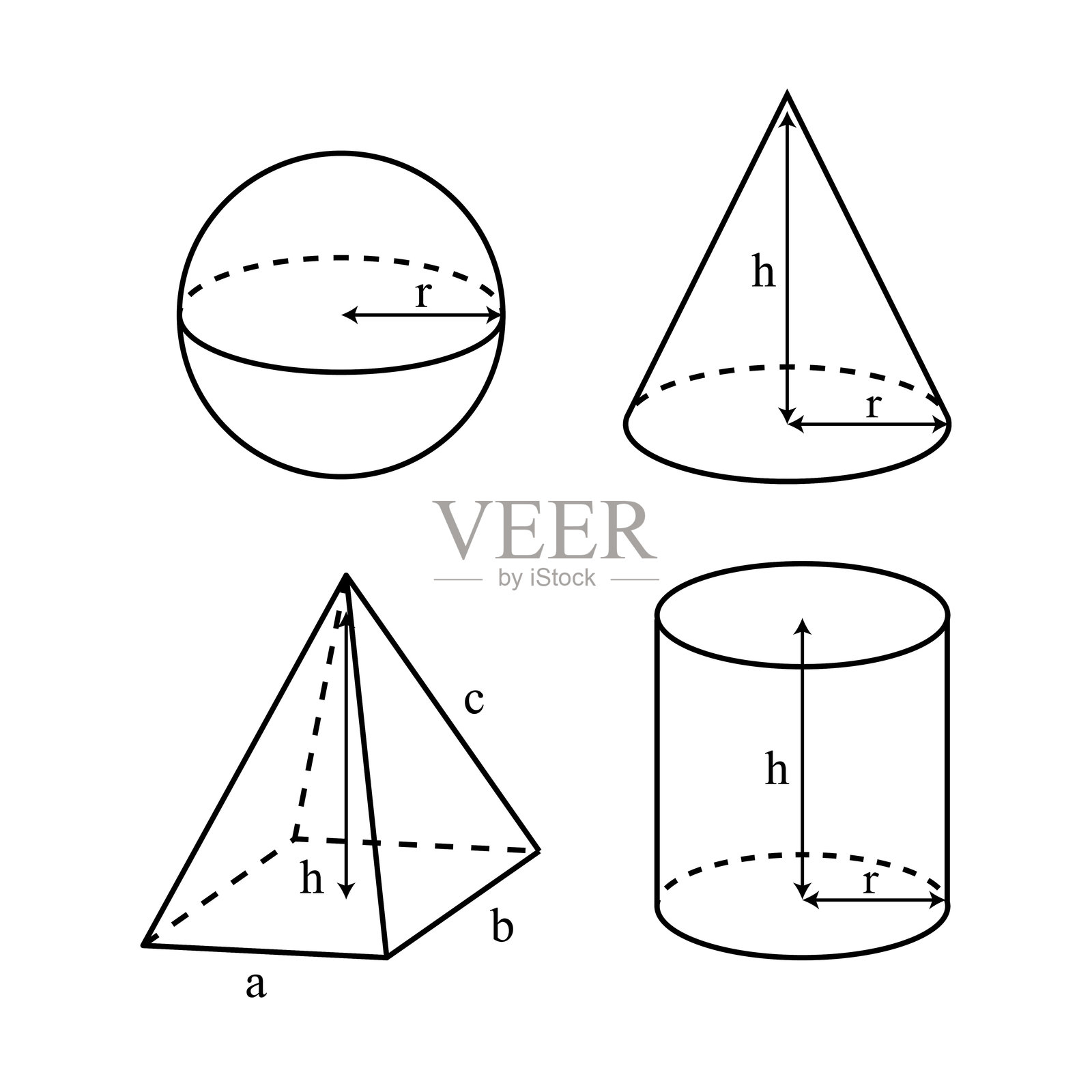 3D几何形状边缘插图,包含半径和高度,侧面尺寸用于公式和计算插画图片素材