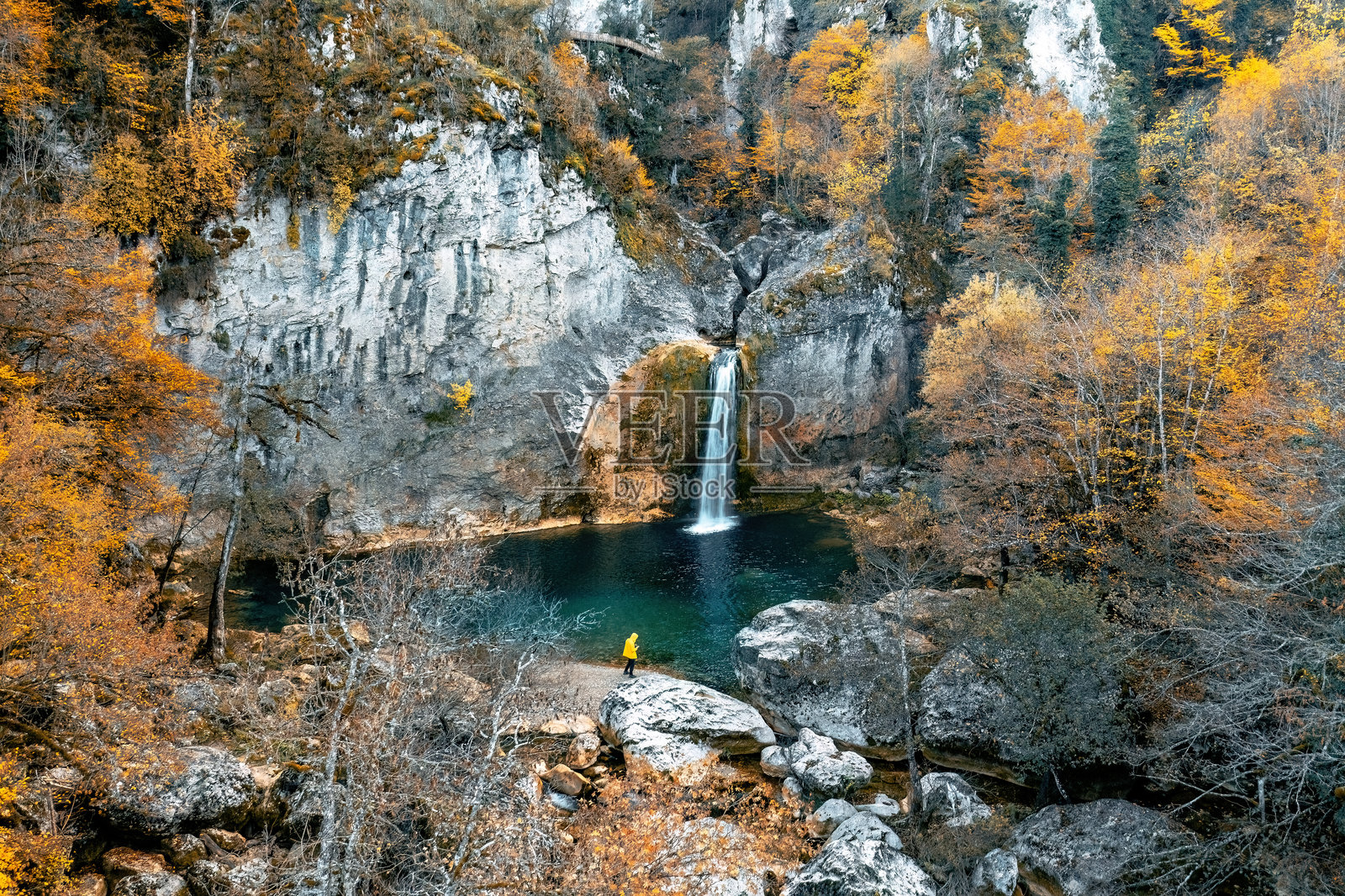 伊利卡瀑布。壮观的水流自然从山上倾泻而下。一名穿着黄色外套的男子在观赏瀑布。无人机拍摄。土耳其卡斯塔莫努。照片摄影图片