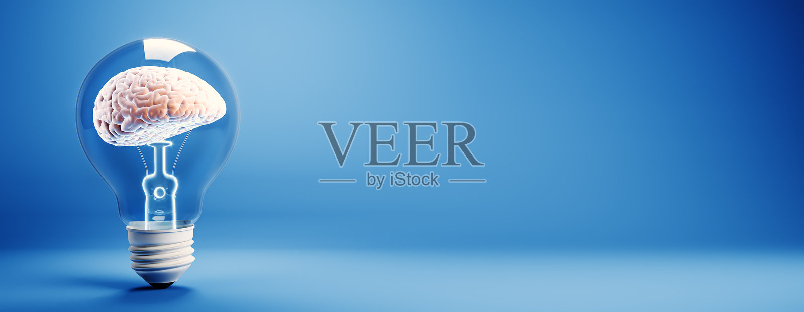 蓝色背景灯泡内的脑部,创新与智慧概念3D渲染照片摄影图片