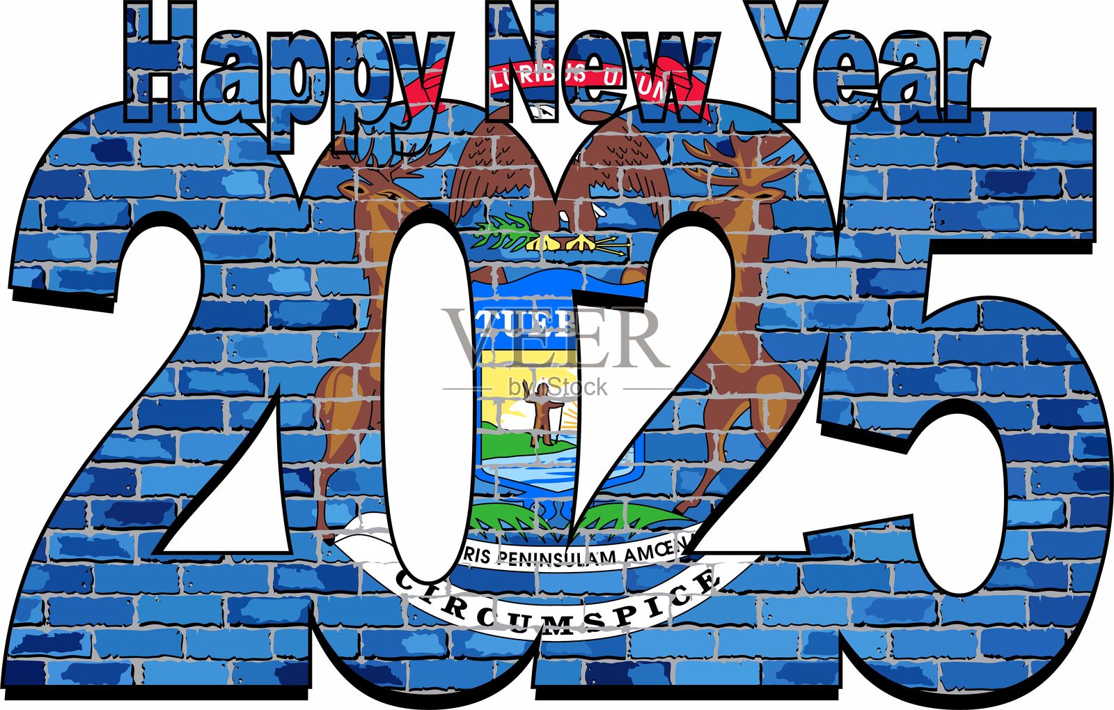2025年新年快乐,内含密歇根州旗帜插画图片素材