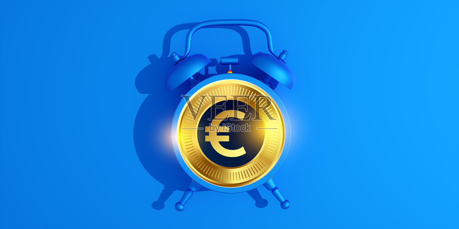 复古蓝色闹钟上有金色欧元符号,背景为蓝色,代表欧盟,象征着在欧元区投资和财富的时机,3D渲染。照片摄影图片