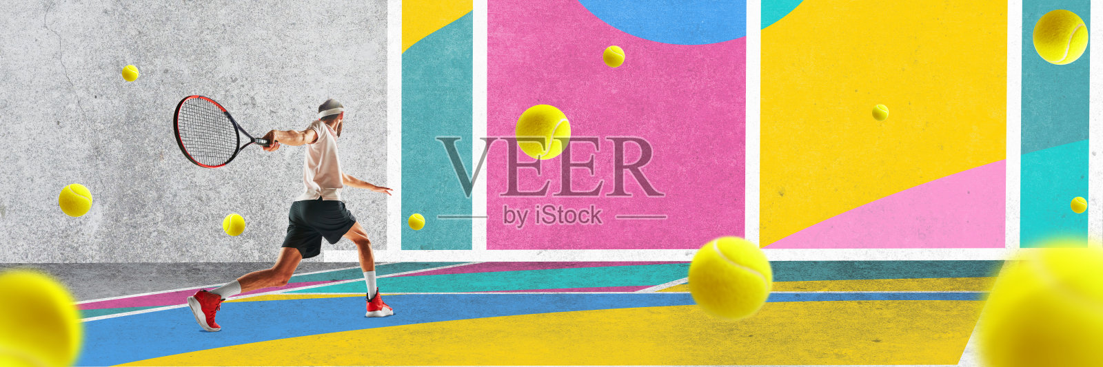 网球运动员在彩色背景前精准击球照片摄影图片