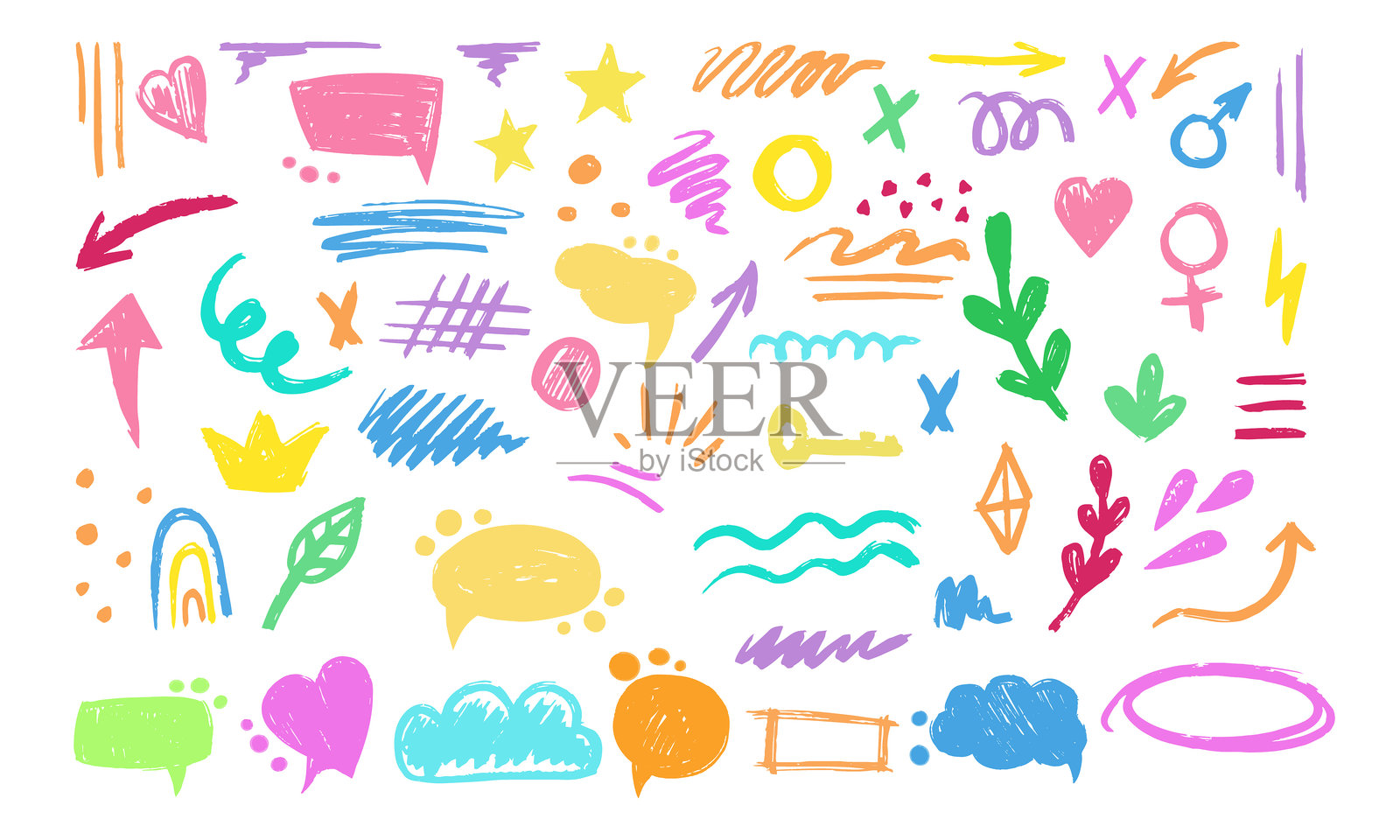 手绘铅笔彩色笔刷元素,具有蜡笔效果的笔刷,粉笔纹理。儿童风格的矢量插图。蜡笔笔刷彩色涂鸦,正方形,螺旋形,箭头。插画图片素材