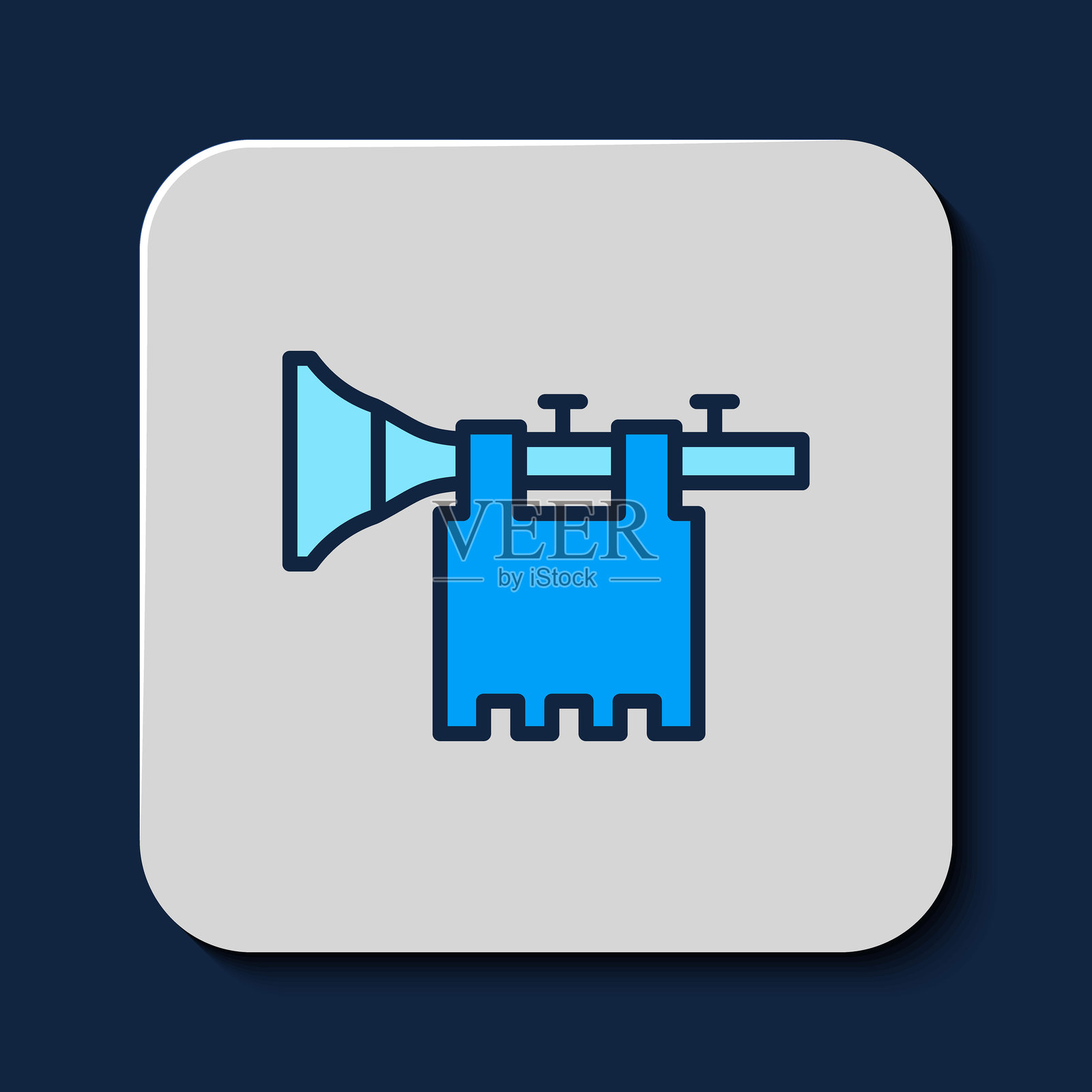 填充轮廓的小号与旗帜图标,背景为蓝色。乐器小号。矢量图。插画图片素材