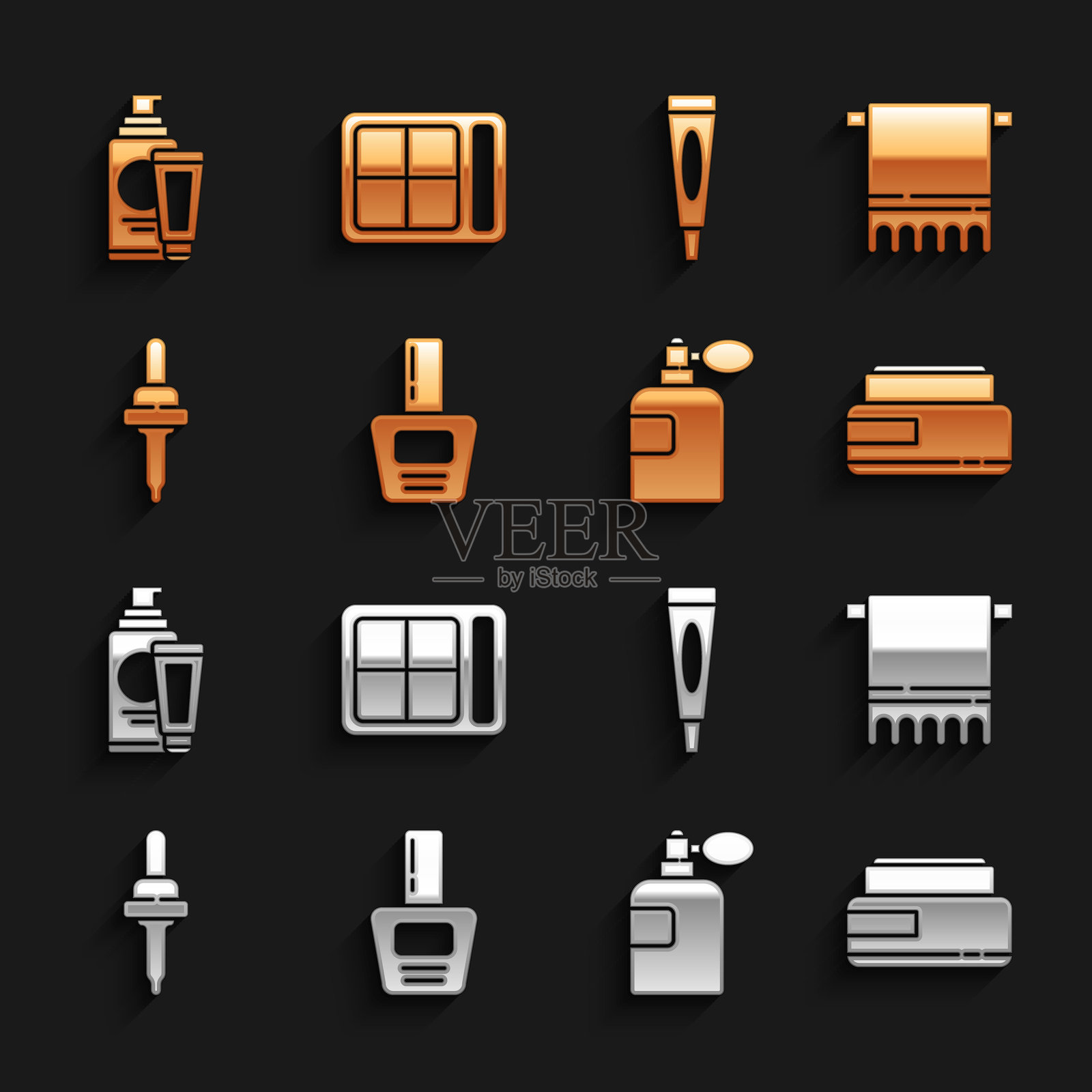 指甲油瓶、挂在架子上的毛巾、护肤霜或乳液管、香水、滴管和眼影盘图标。矢量图。插画图片素材