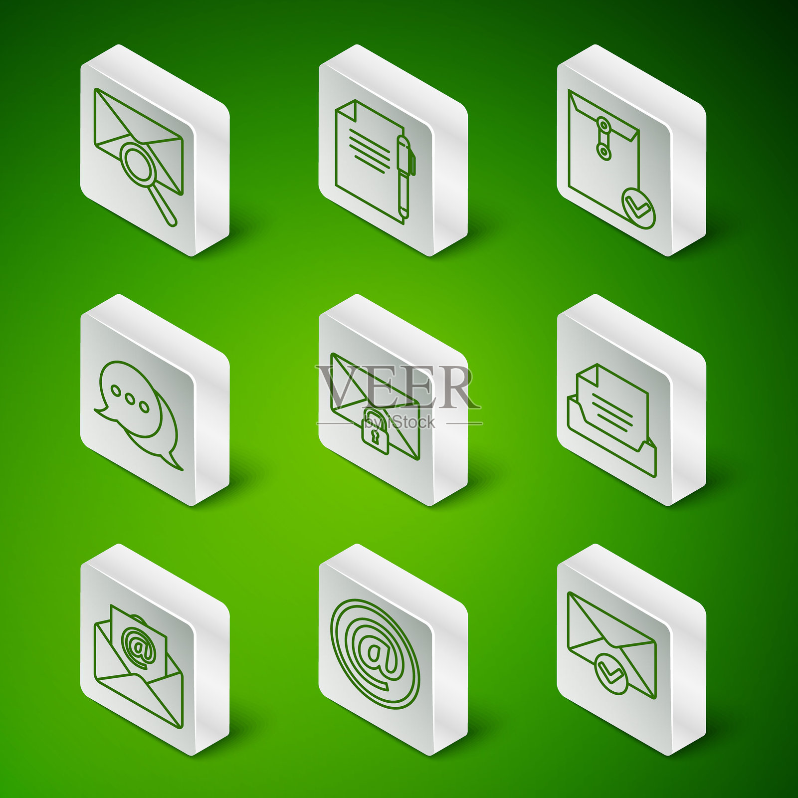 信封和勾号图标,邮件电子邮件,带放大镜的消息锁密码,聊天气泡,文档和笔,抽屉文档图标。矢量图。插画图片素材