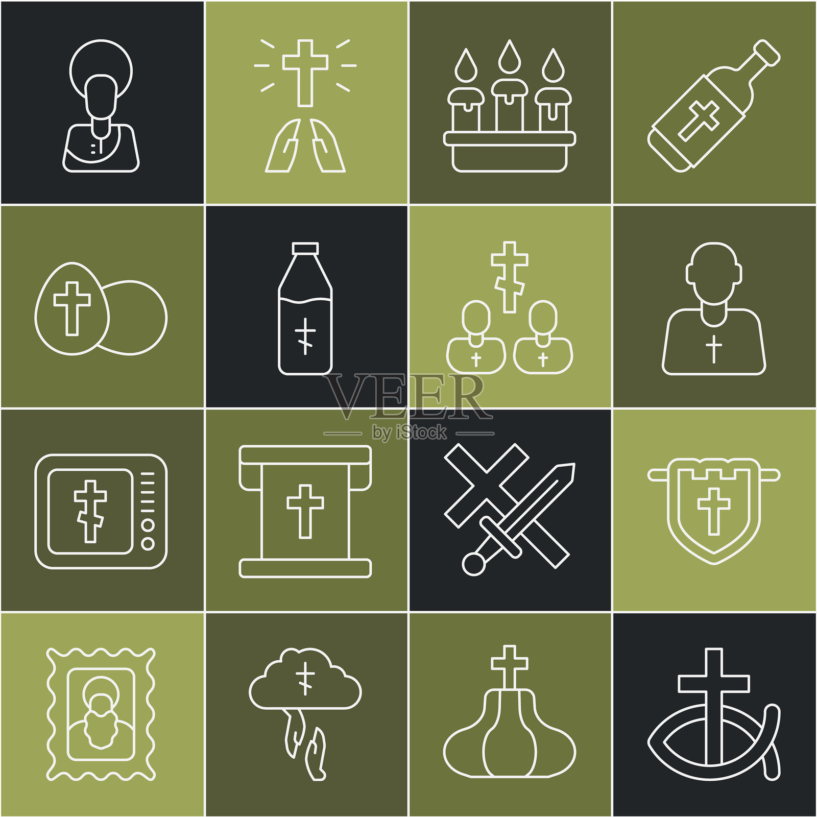 基督教鱼标志,带有基督教十字架的旗帜,牧师,烛台上的燃烧蜡烛,圣水瓶,复活节彩蛋,耶稣和图标。矢量图。插画图片素材