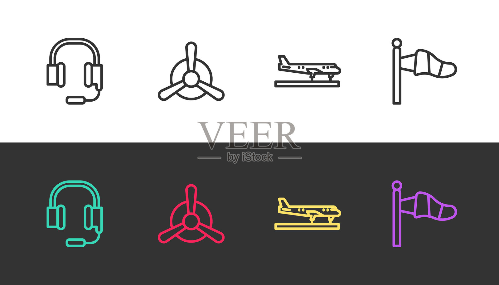 黑白色的耳机(带麦克风)、飞机螺旋桨和圆锥形气象风向标。矢量图。插画图片素材