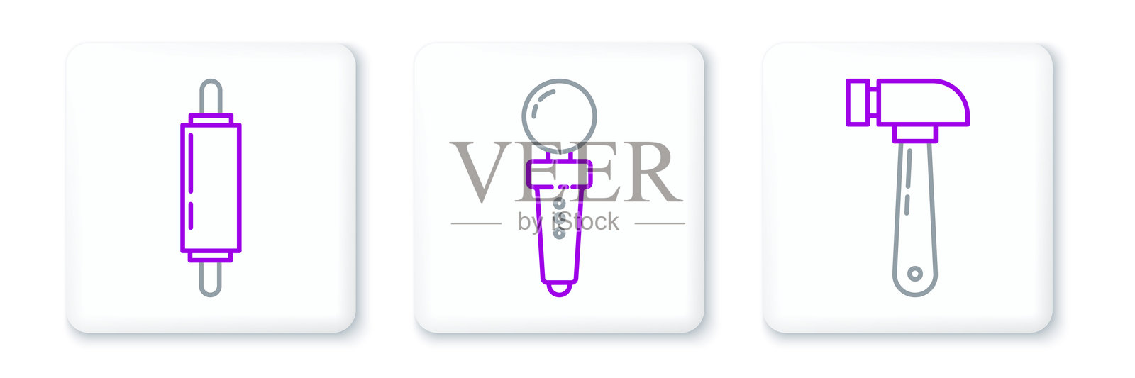 锤子、擀面杖和街机游戏机操纵杆图标。矢量图。插画图片素材