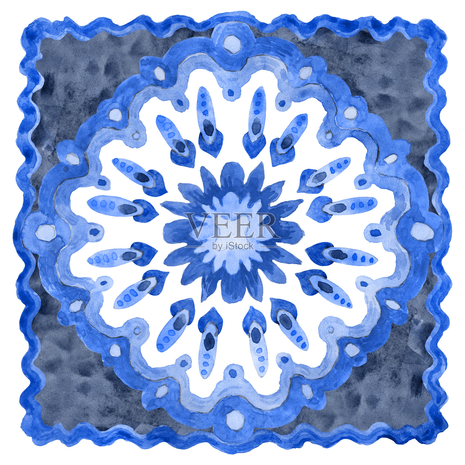 水彩画的瓷砖,手绘蓝色装饰,采用地中海马约利卡陶瓷绘画风格,背景为白色。插画图片素材