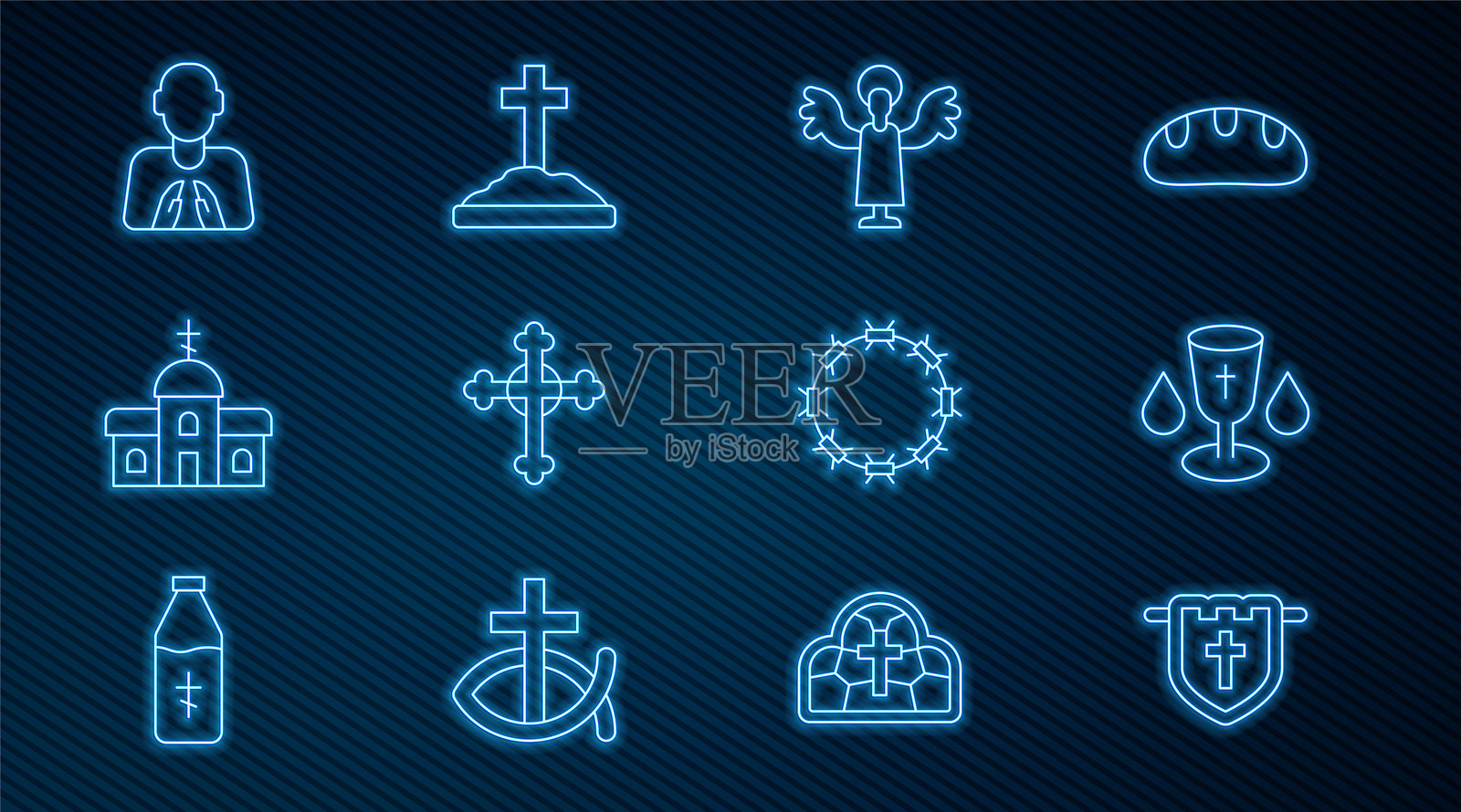 带有基督教十字架、基督教圣杯、天使、教堂建筑、祈祷姿势的手、荆棘冠和墓碑图标的线条旗。矢量图。插画图片素材