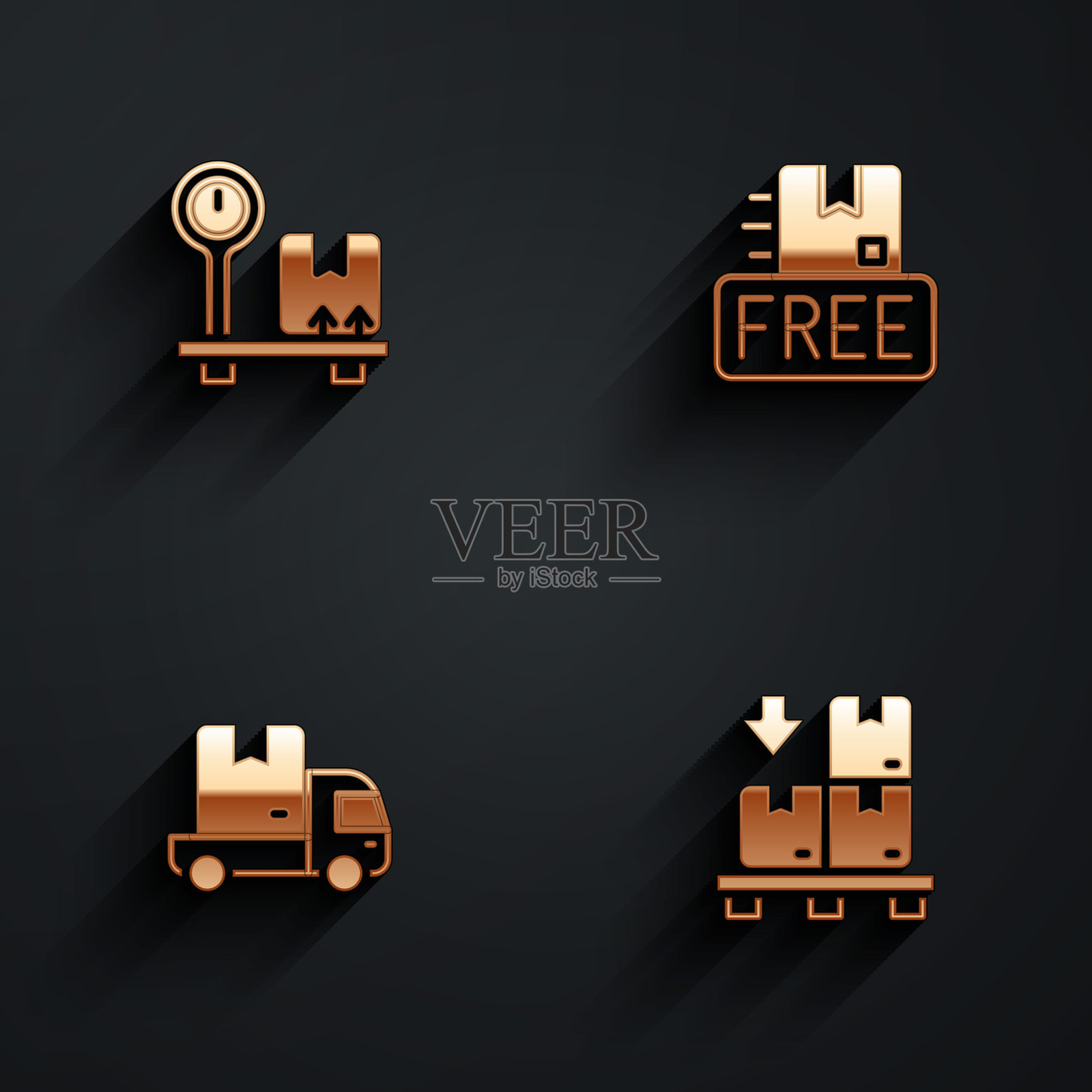 设置比例与纸箱,纸箱免费符号,送货货车和托盘上的箱子图标,带有长阴影。矢量图。插画图片素材