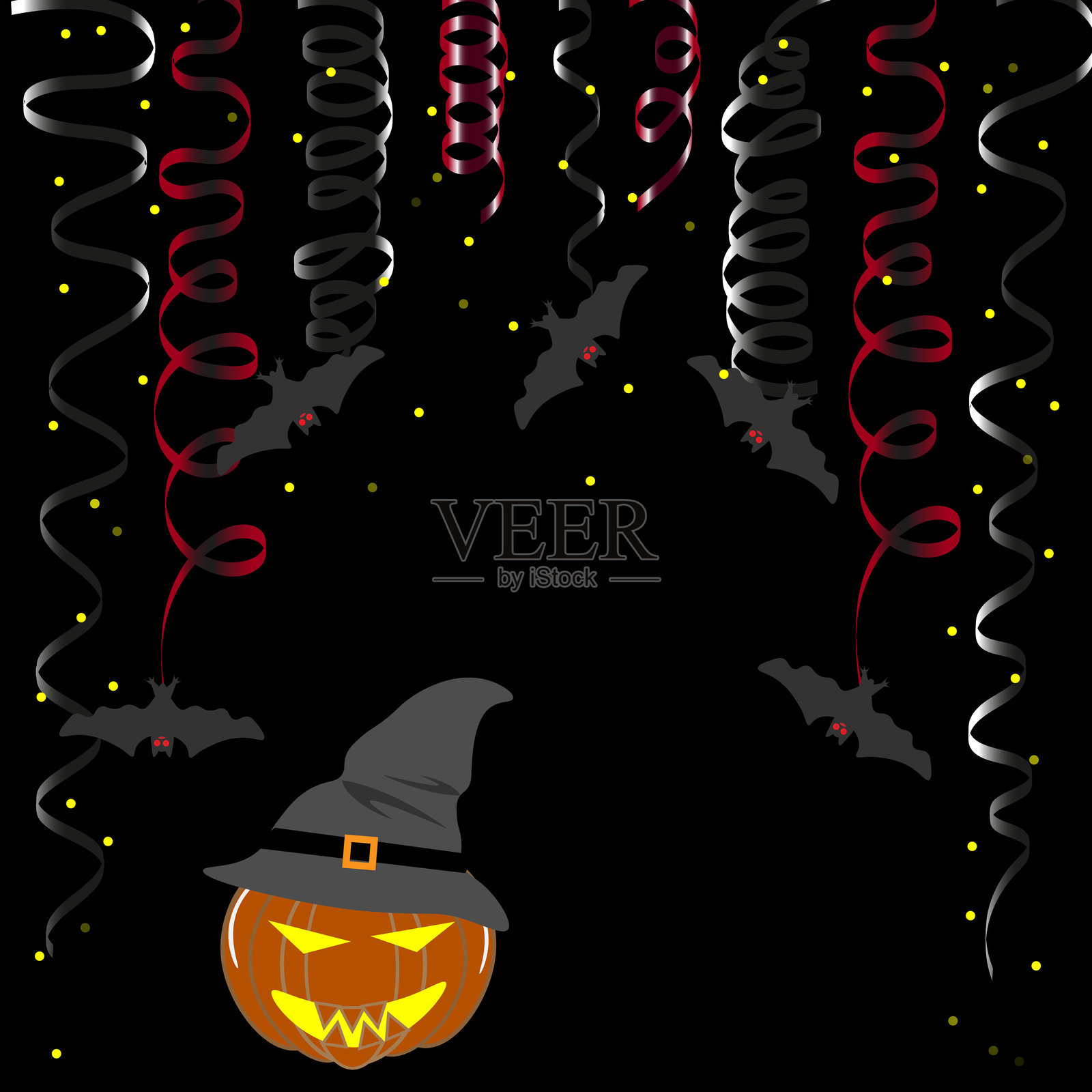 万圣节南瓜戴着帽子,黑色和红色的彩带,五彩纸屑和蝙蝠插画图片素材
