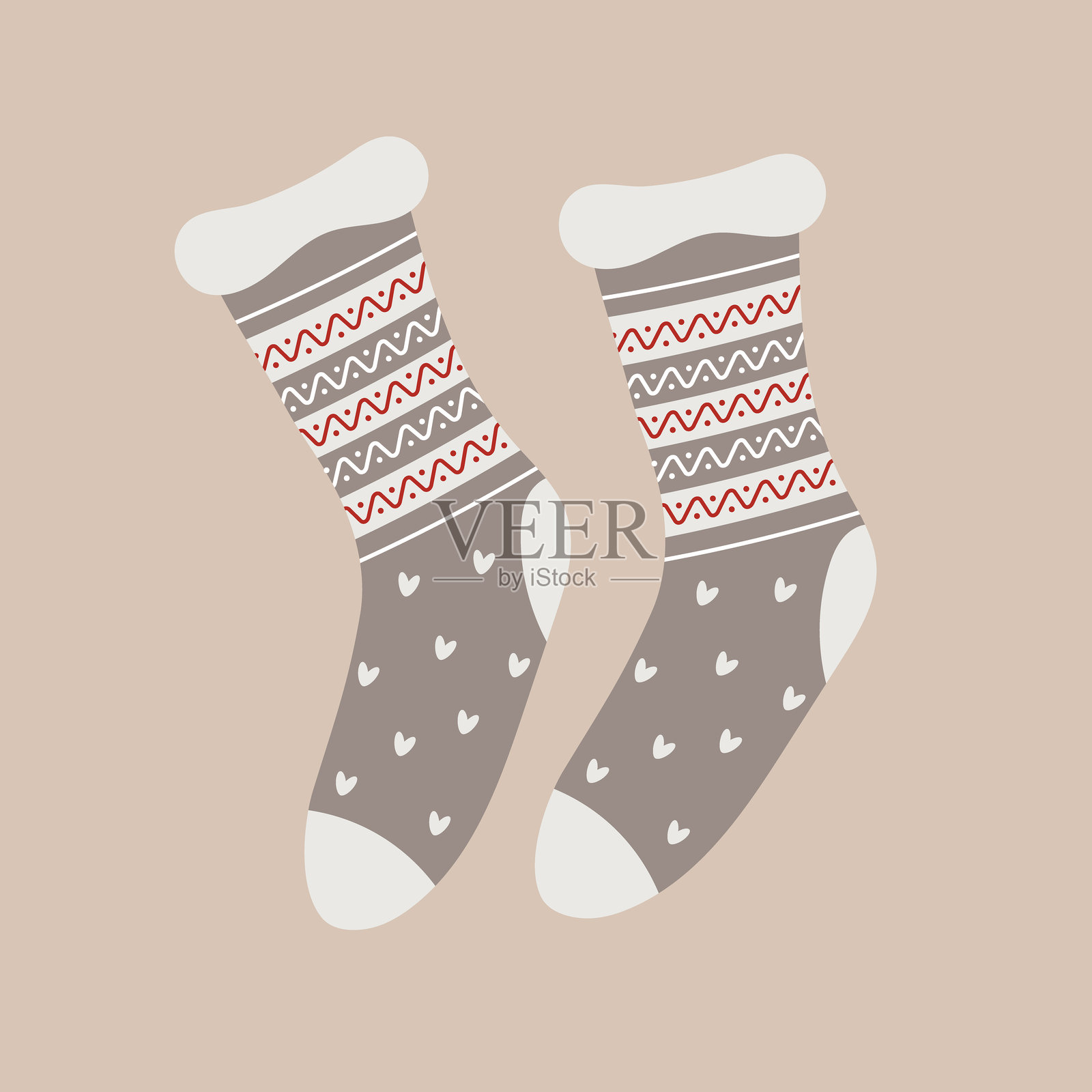 带图案的灰色圣诞袜一对。新年装饰。平面矢量插图插画图片素材