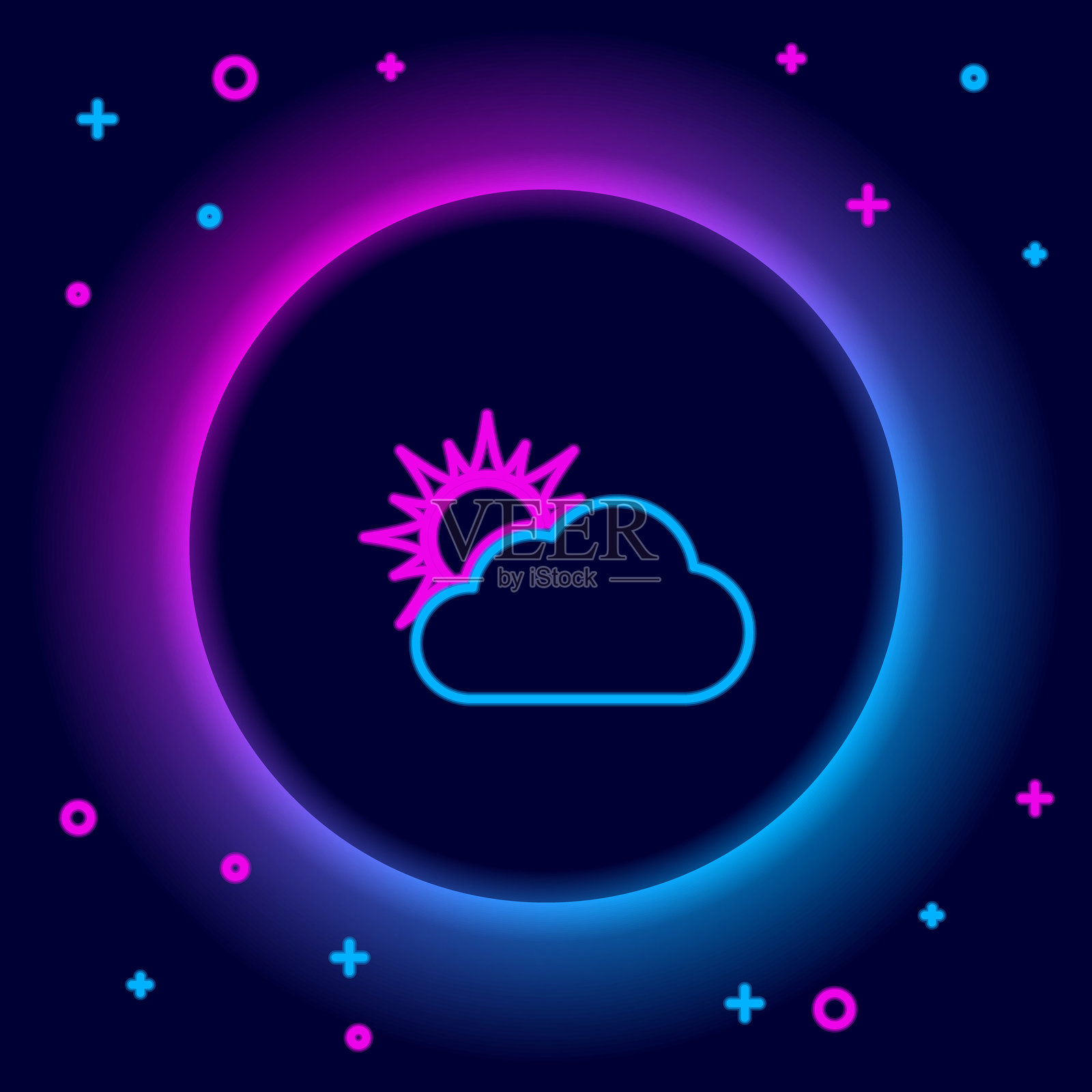 发光的霓虹线太阳和云天气图标,背景为黑色。彩色轮廓概念。矢量图。插画图片素材