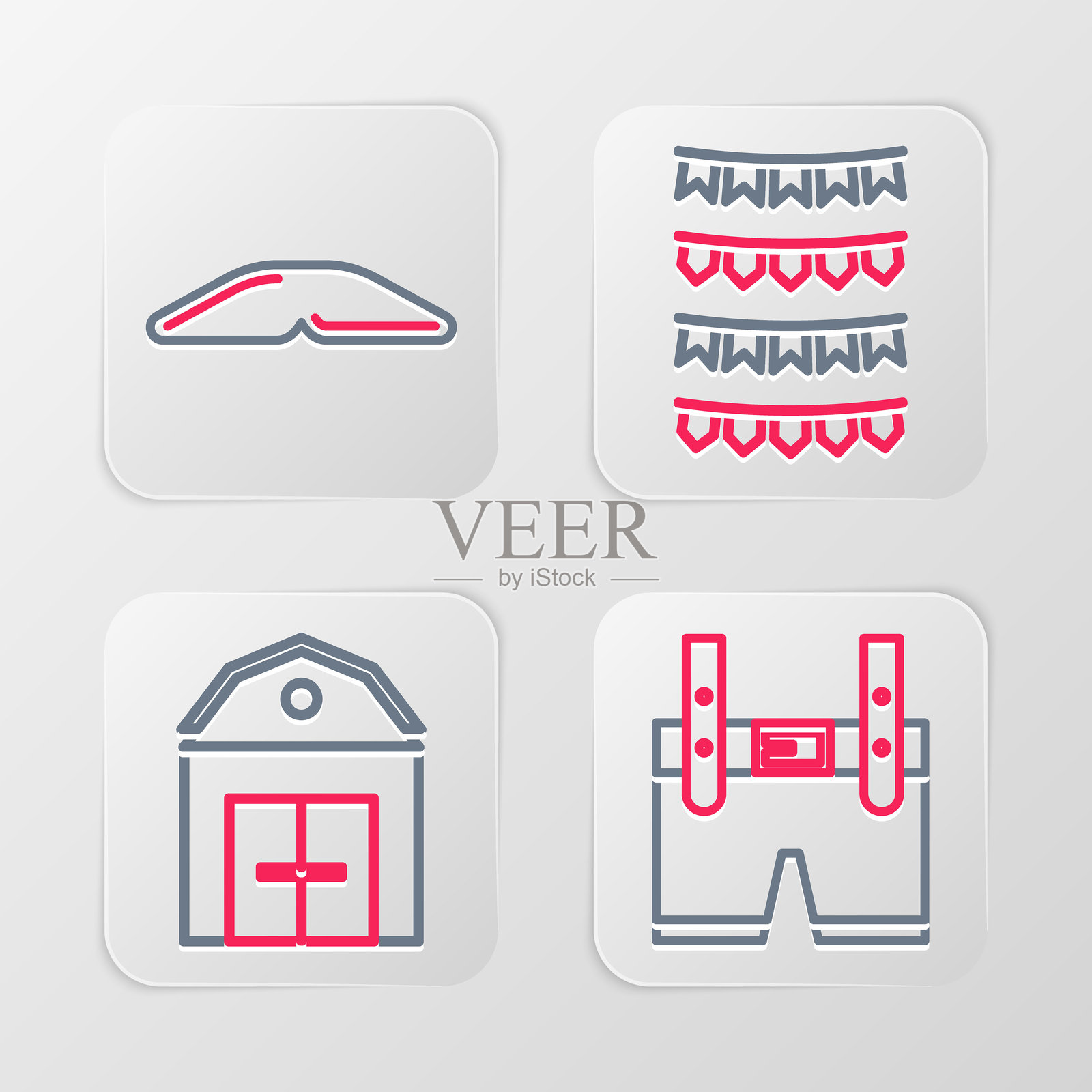 排线的巴伐利亚短裤、农舍、带旗帜的嘉年华花环和自制派图标。矢量图。插画图片素材