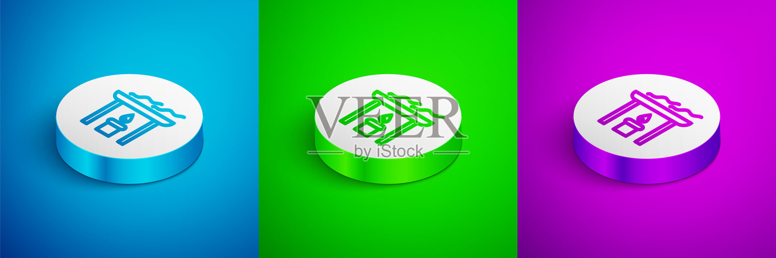 等距线香氛蜡烛图标,背景为蓝色、绿色和紫色。白色圆形按钮。矢量图。插画图片素材