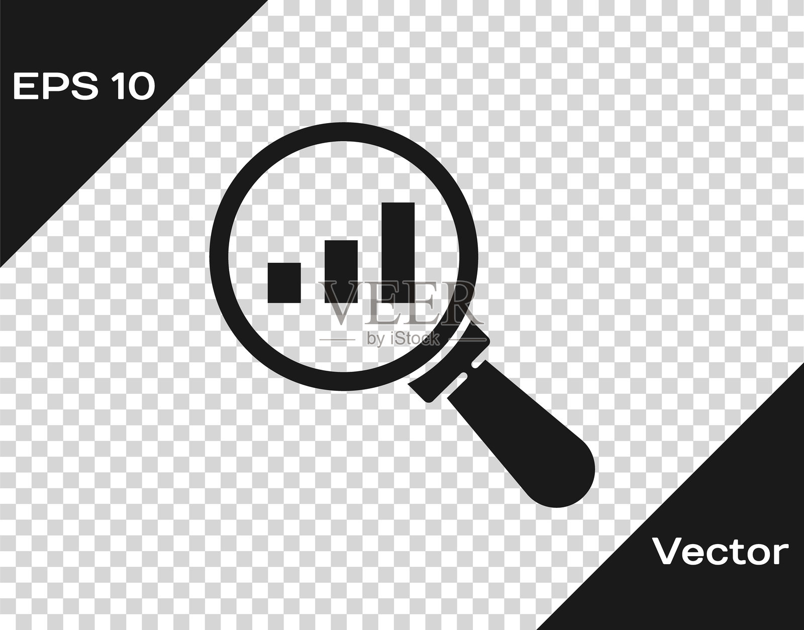 黑色放大镜和数据分析图标,背景透明。矢量图。插画图片素材