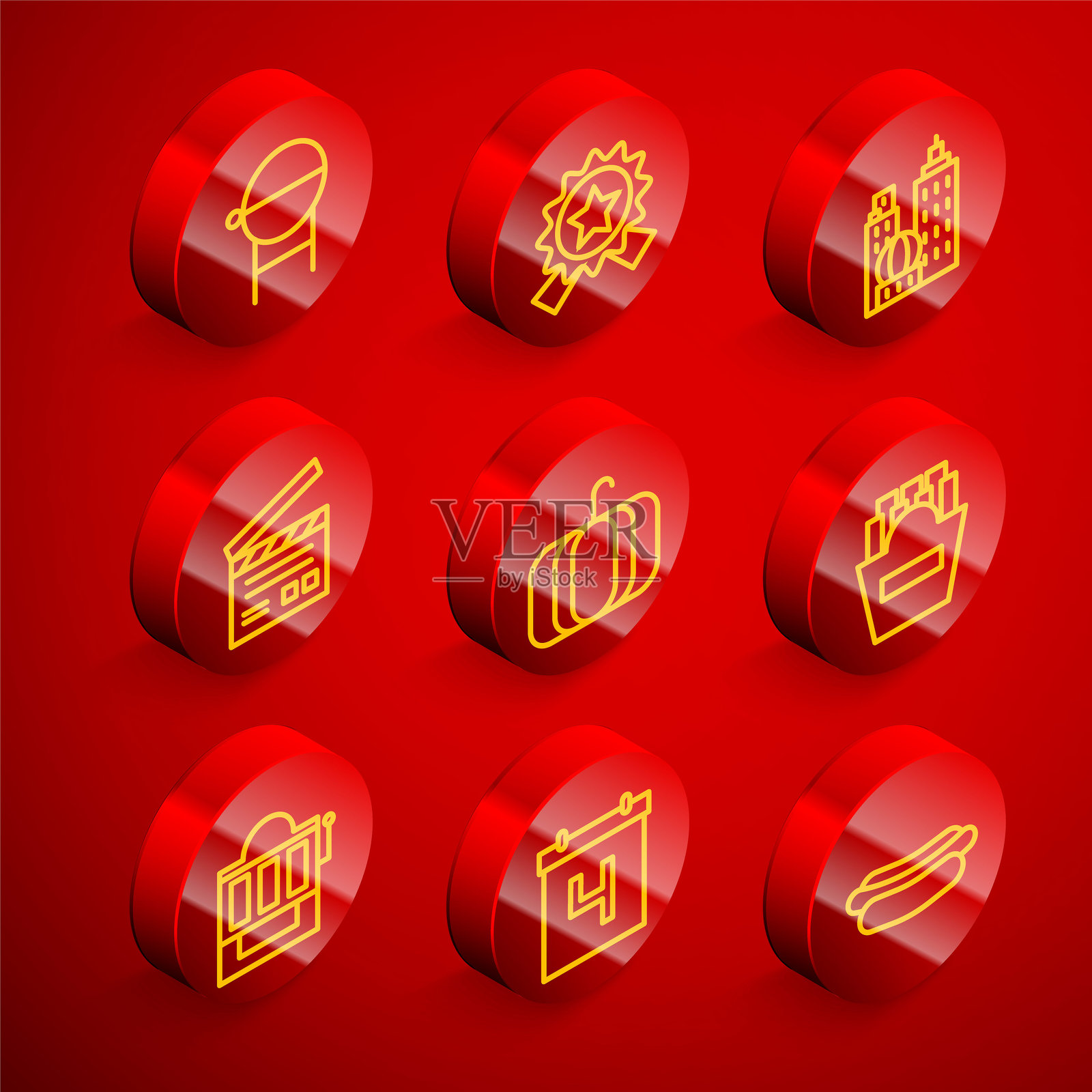 烧烤架、星形奖牌、城市风景、电影拍板、南瓜、薯条盒、老虎机和7月4日日历图标。矢量图。插画图片素材