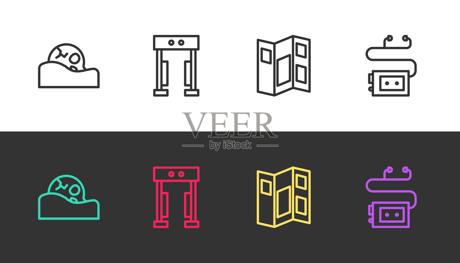 人类头骨、金属探测器、博物馆导览手册和音频,黑白矢量图插画图片素材