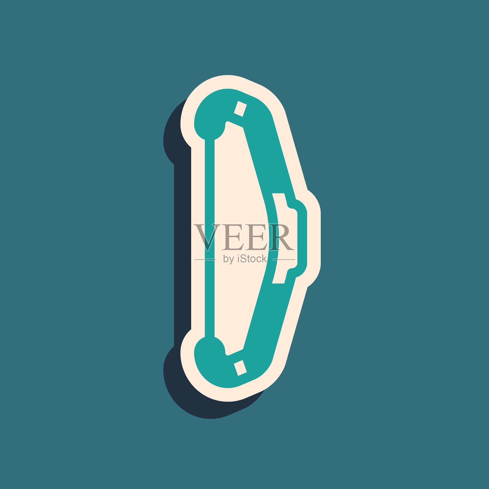 绿色中世纪弓箭图标,背景为绿色。中世纪武器。长阴影风格。矢量图。插画图片素材