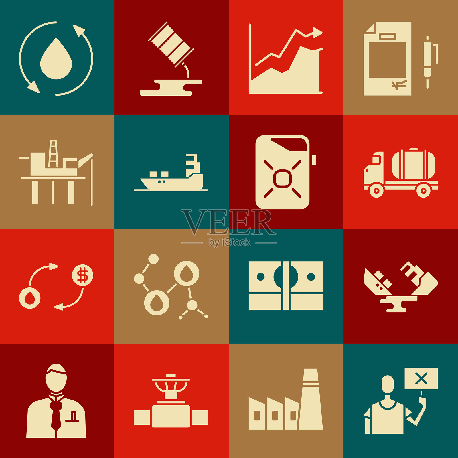 自然保护抗议,损坏的油轮,油罐车,油价上涨,海上平台,滴落和罐装发动机图标。矢量图。插画图片素材