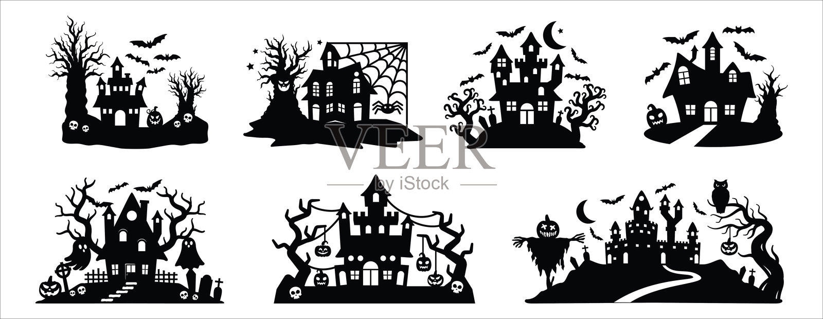 万圣节鬼屋场景剪影。阴森可怕的鬼屋场景,配有树木和蝙蝠。适用于模板、墙面装饰、门饰和贴纸的矢量插图设计。插画图片素材