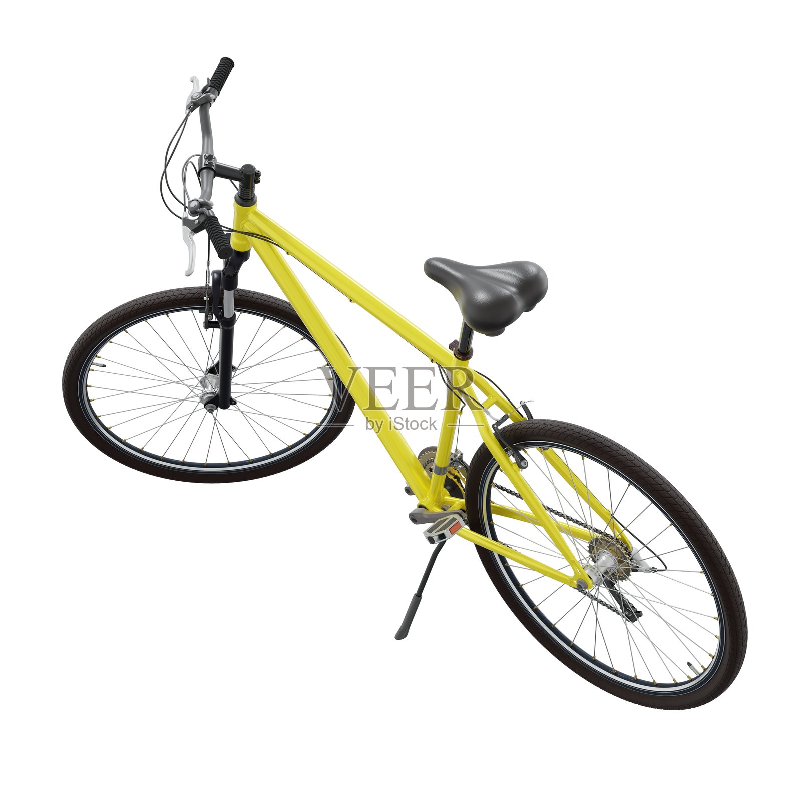 黄色自行车立在支架上,侧后视图,背景为白色,3D插图照片摄影图片