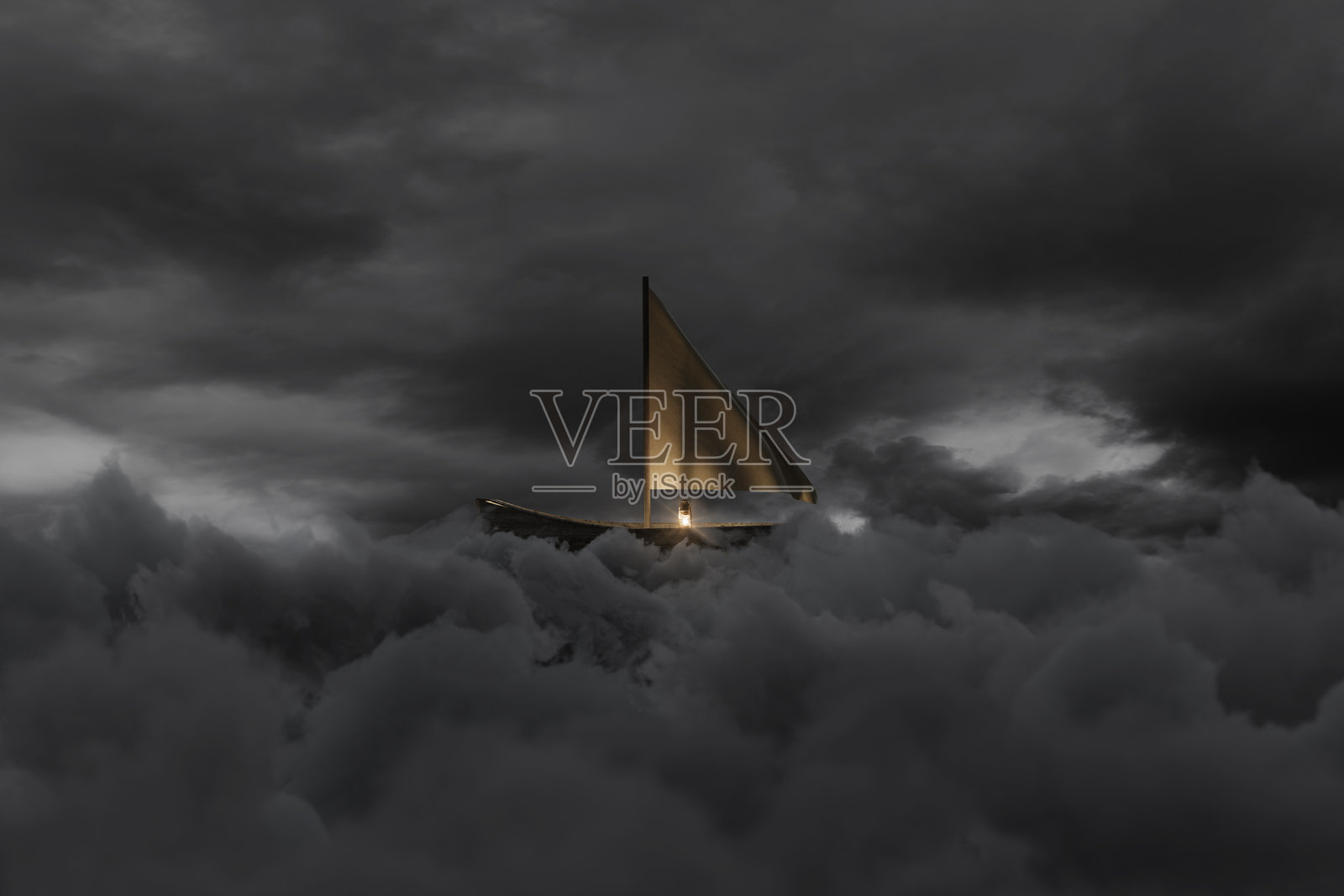 被遗弃的木船上飘扬着的帆,飞翔在蓬松的灰色云朵上。3D渲染图照片摄影图片