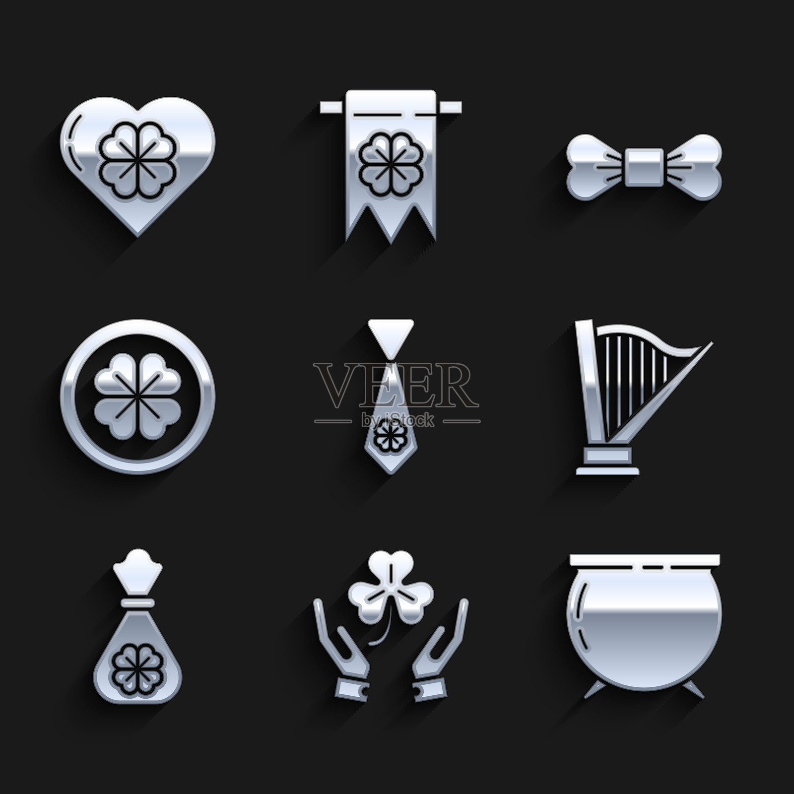 四叶草领带,人手握着,女巫的锅,竖琴,钱袋,金币,蝴蝶结领结和心形图标。矢量图。插画图片素材